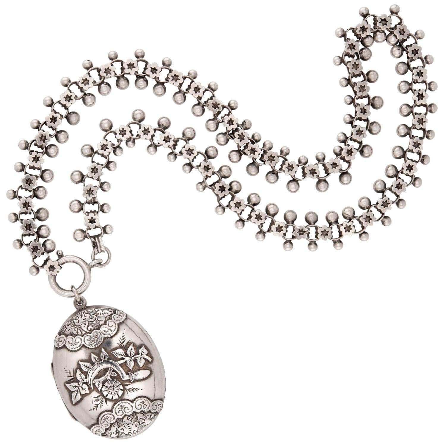 Victorian English Sterling Silver Book Chain Locket Necklace