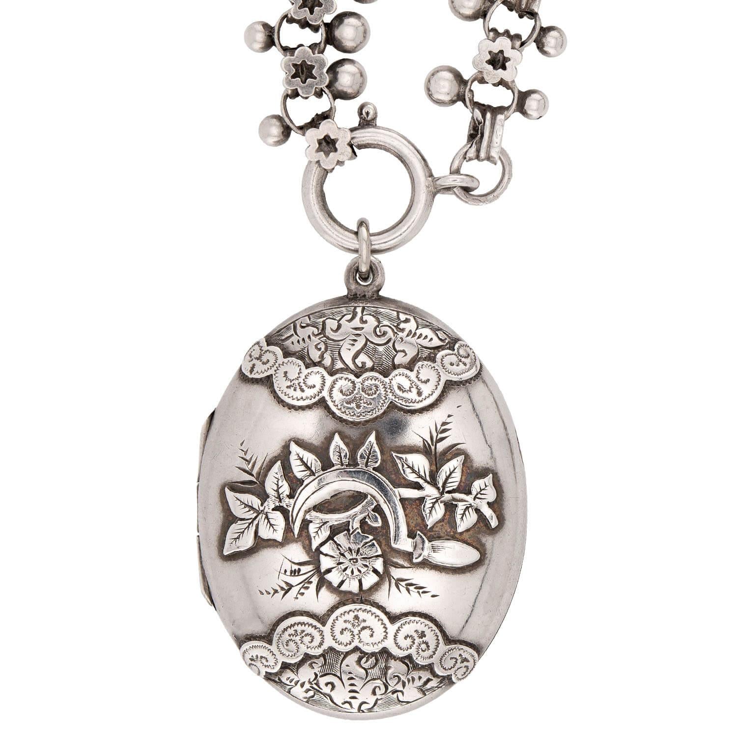 Victorian English Sterling Silver Book Chain Locket Necklace