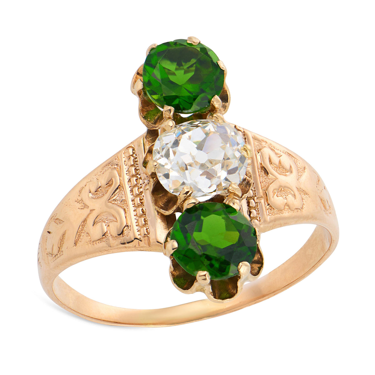 Victorian 14k Demantoid Garnet & Diamond Navette Ring