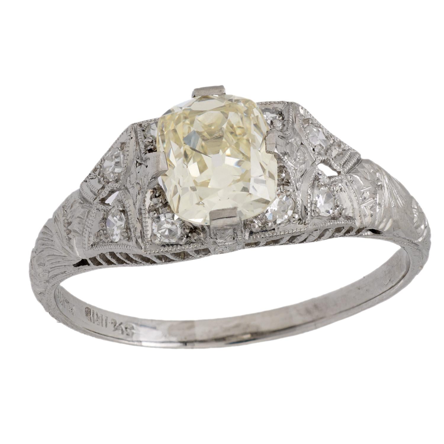 Art Deco Platinum GIA Diamond Engagement Ring 1.01ct