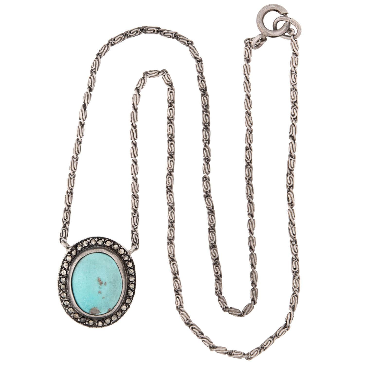 Late Art Deco Sterling Silver Turquoise & Marcasite Necklace