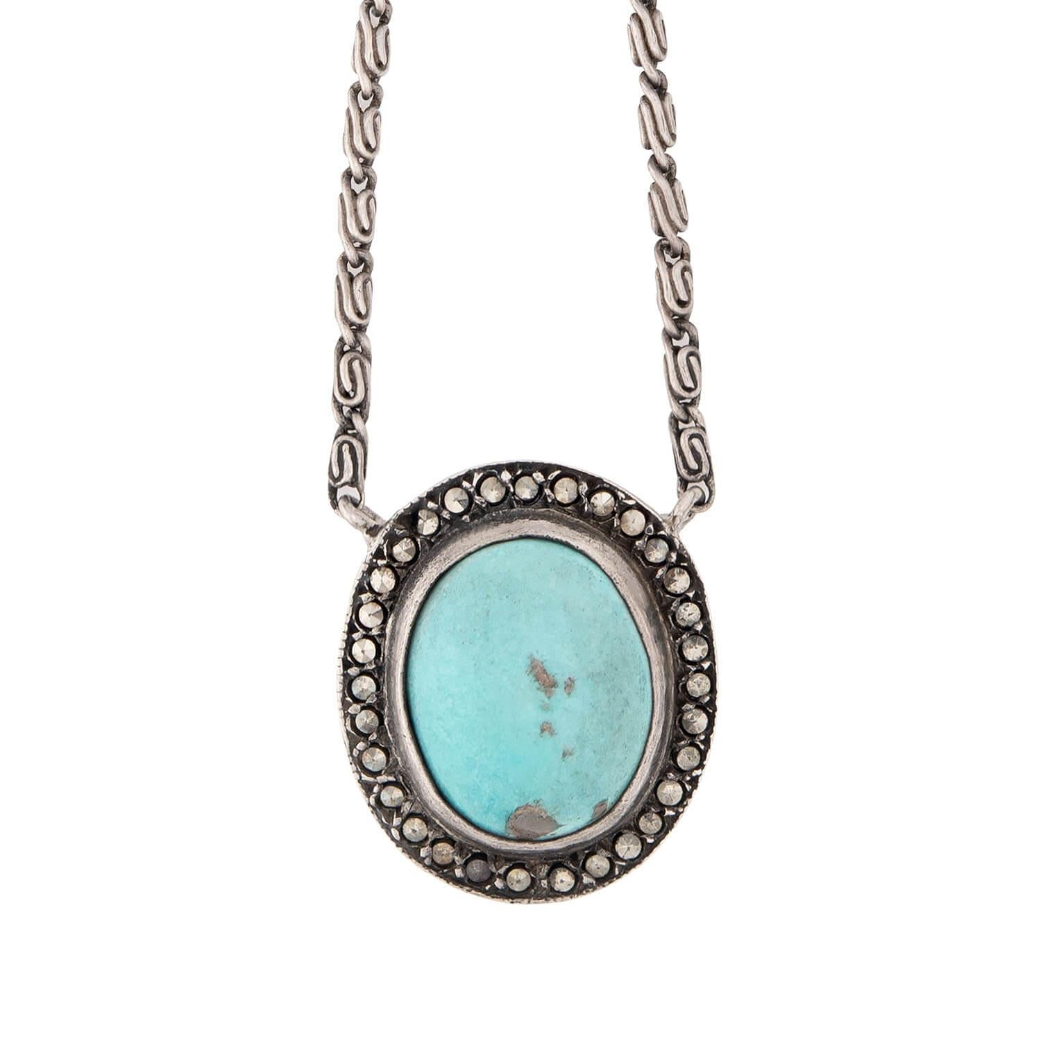 Late Art Deco Sterling Silver Turquoise & Marcasite Necklace