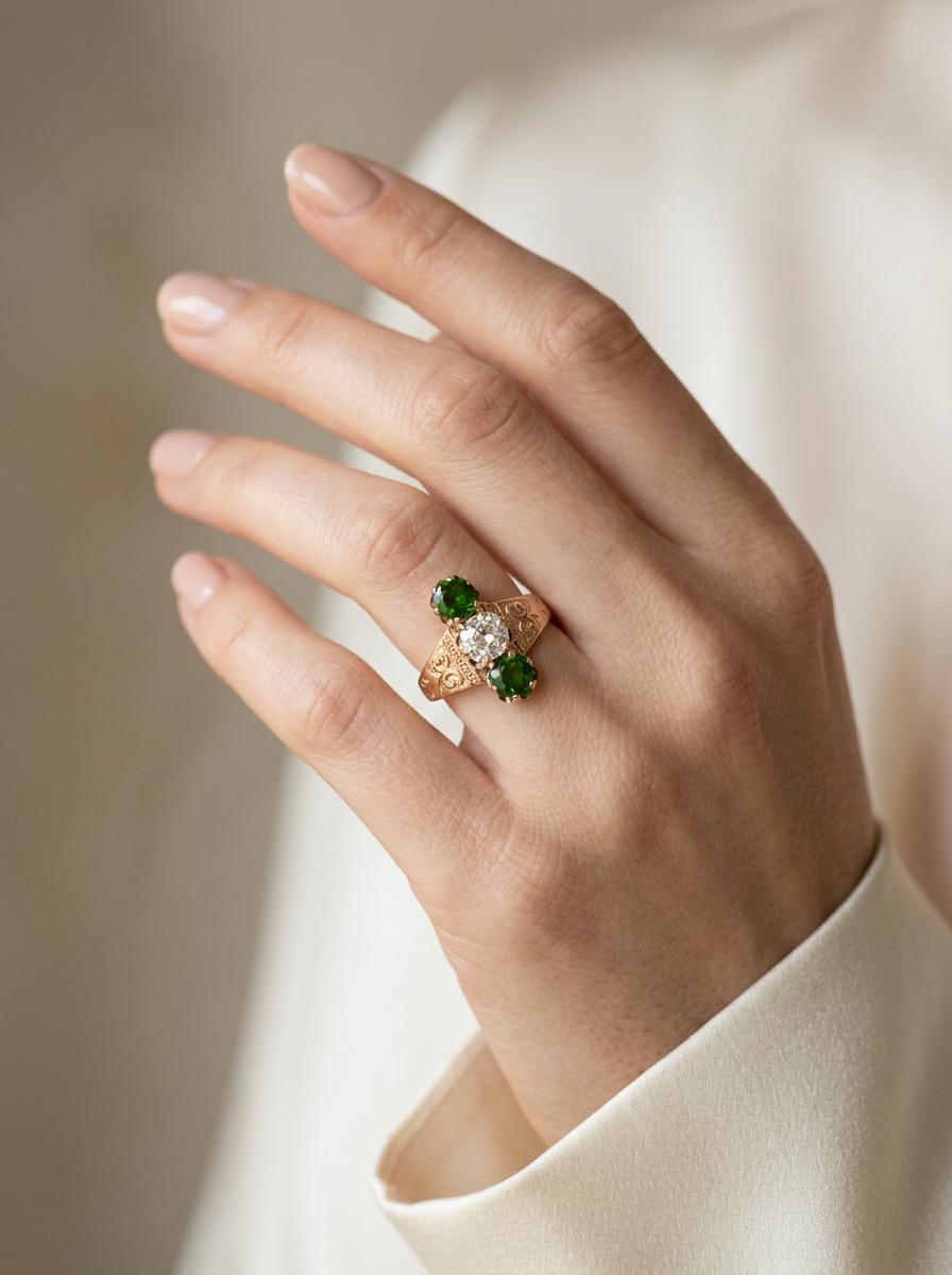 Victorian 14k Demantoid Garnet & Diamond Navette Ring