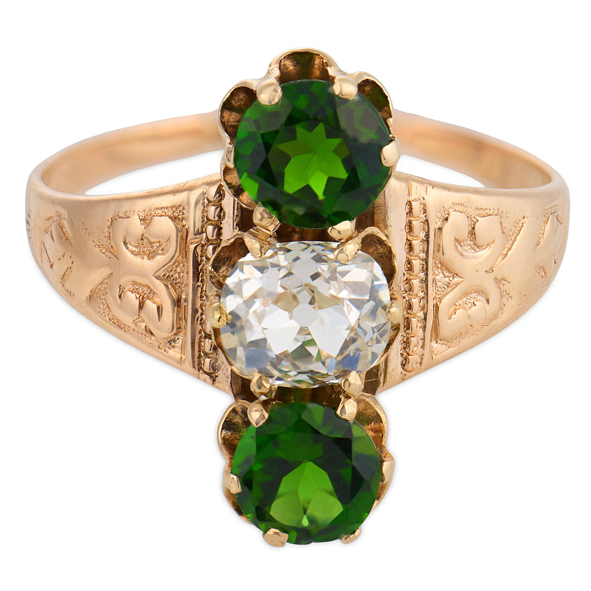 Victorian 14k Demantoid Garnet & Diamond Navette Ring