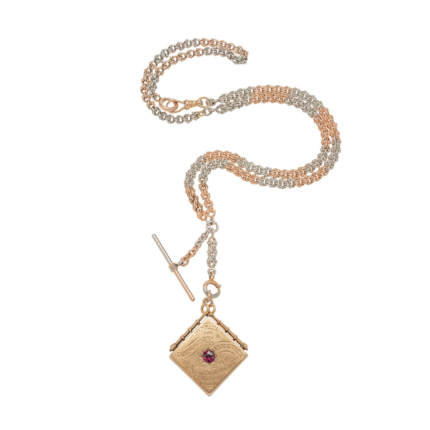 Edwardian 14kt & Platinum Checkerboard & Garnet Locket Necklace