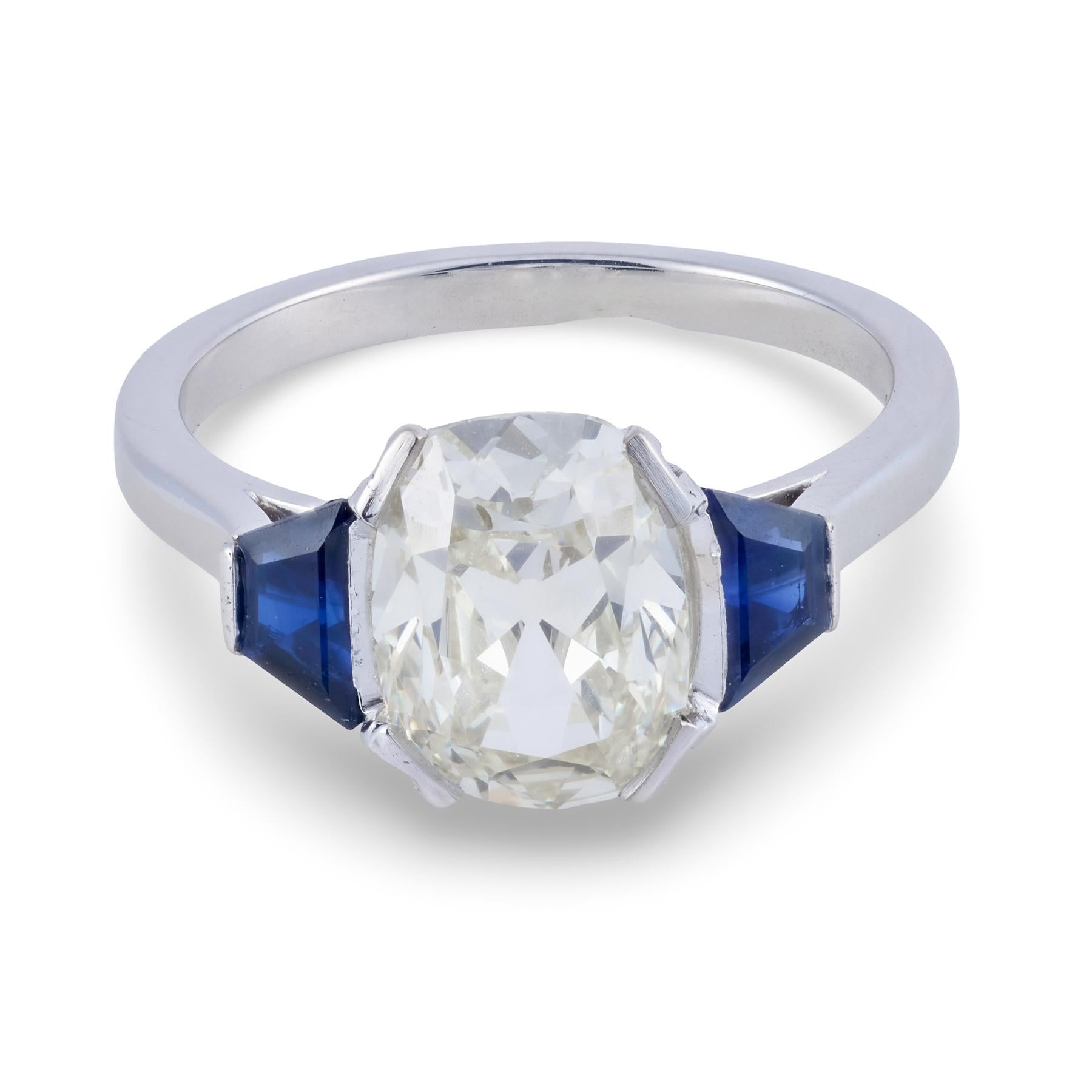 Retro French Platinum GIA Diamond & Sapphire Engagement Ring 2.50ct