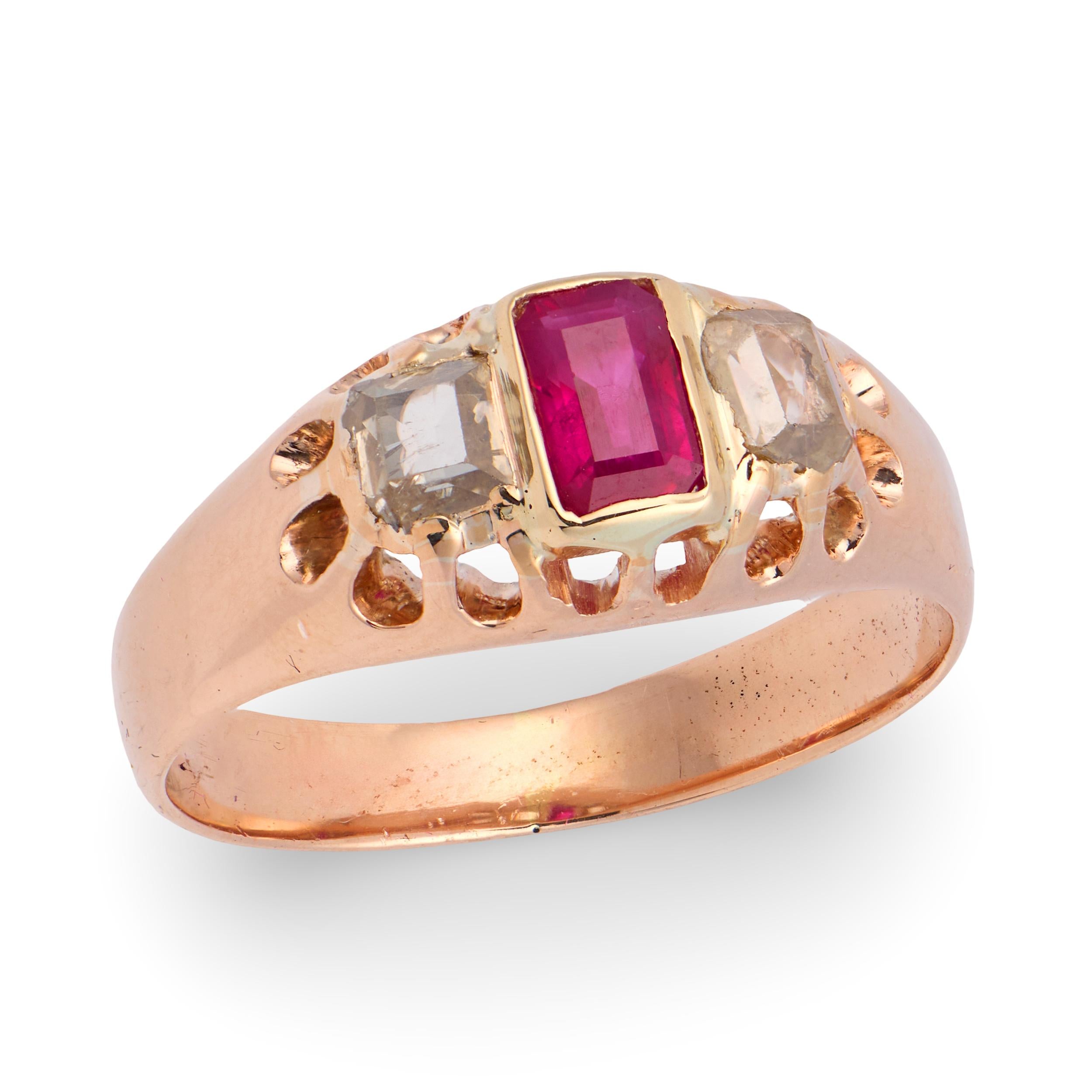 Victorian 14k Ruby & Diamond Three Stone Ring