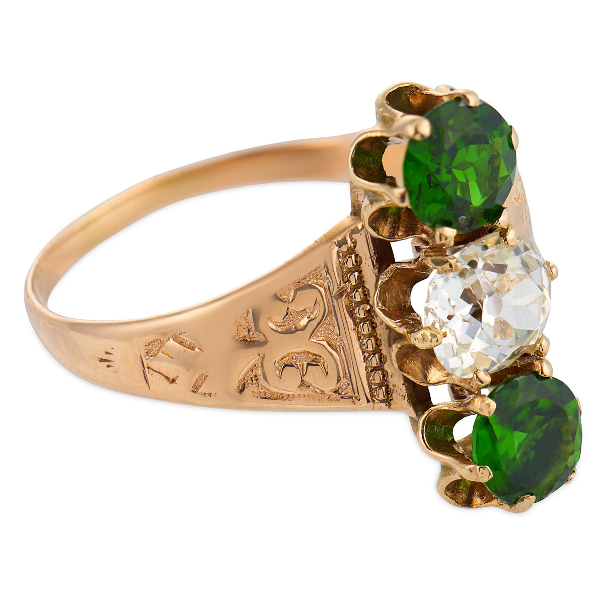 Victorian 14k Demantoid Garnet & Diamond Navette Ring