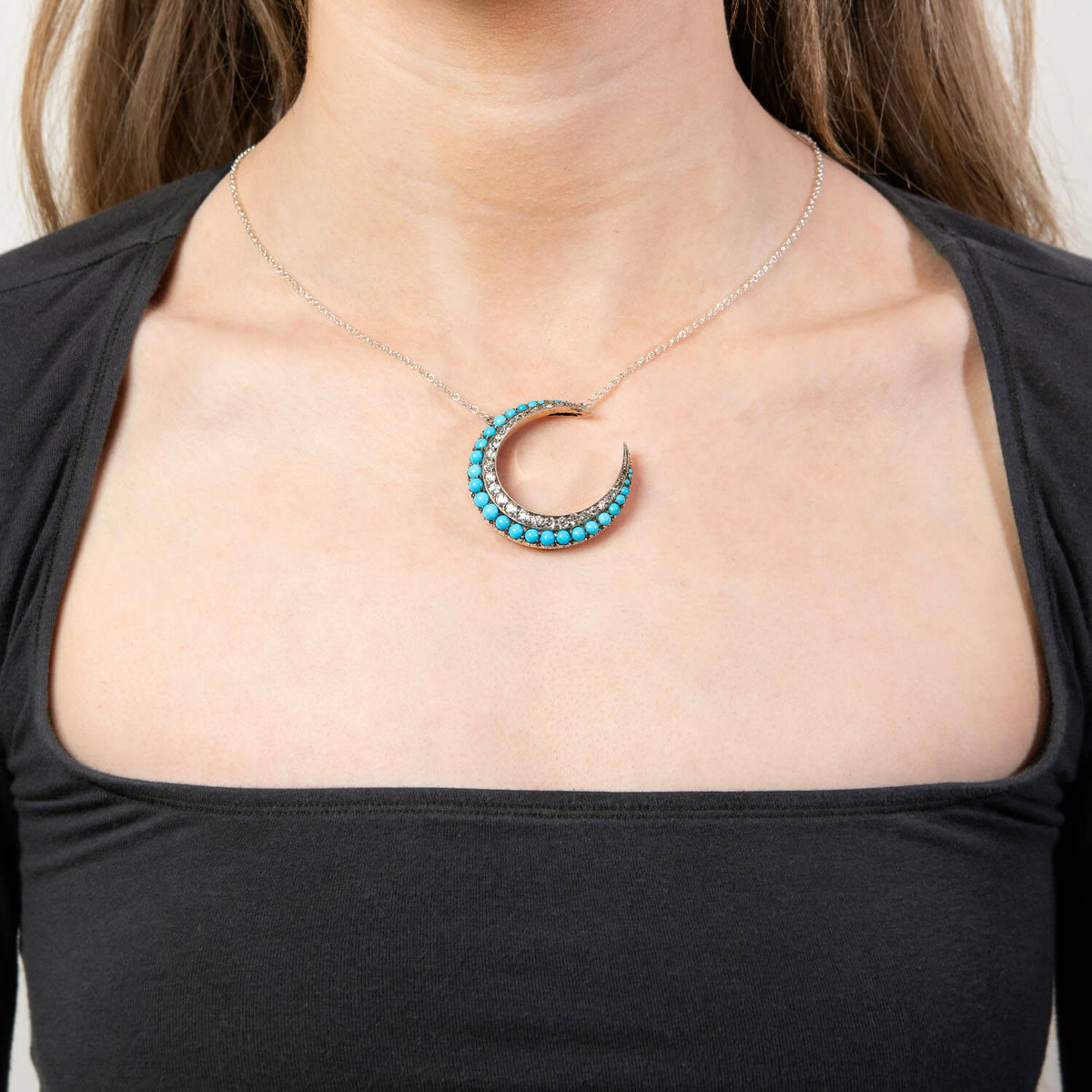 Victorian 18k/Sterling Silver Diamond & Turquoise Crescent Pendant Necklace