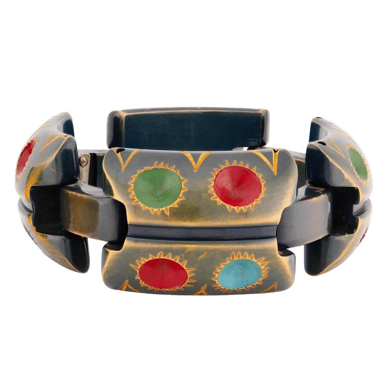 Retro Bakelite Carved Clamper and Link Bracelet Set