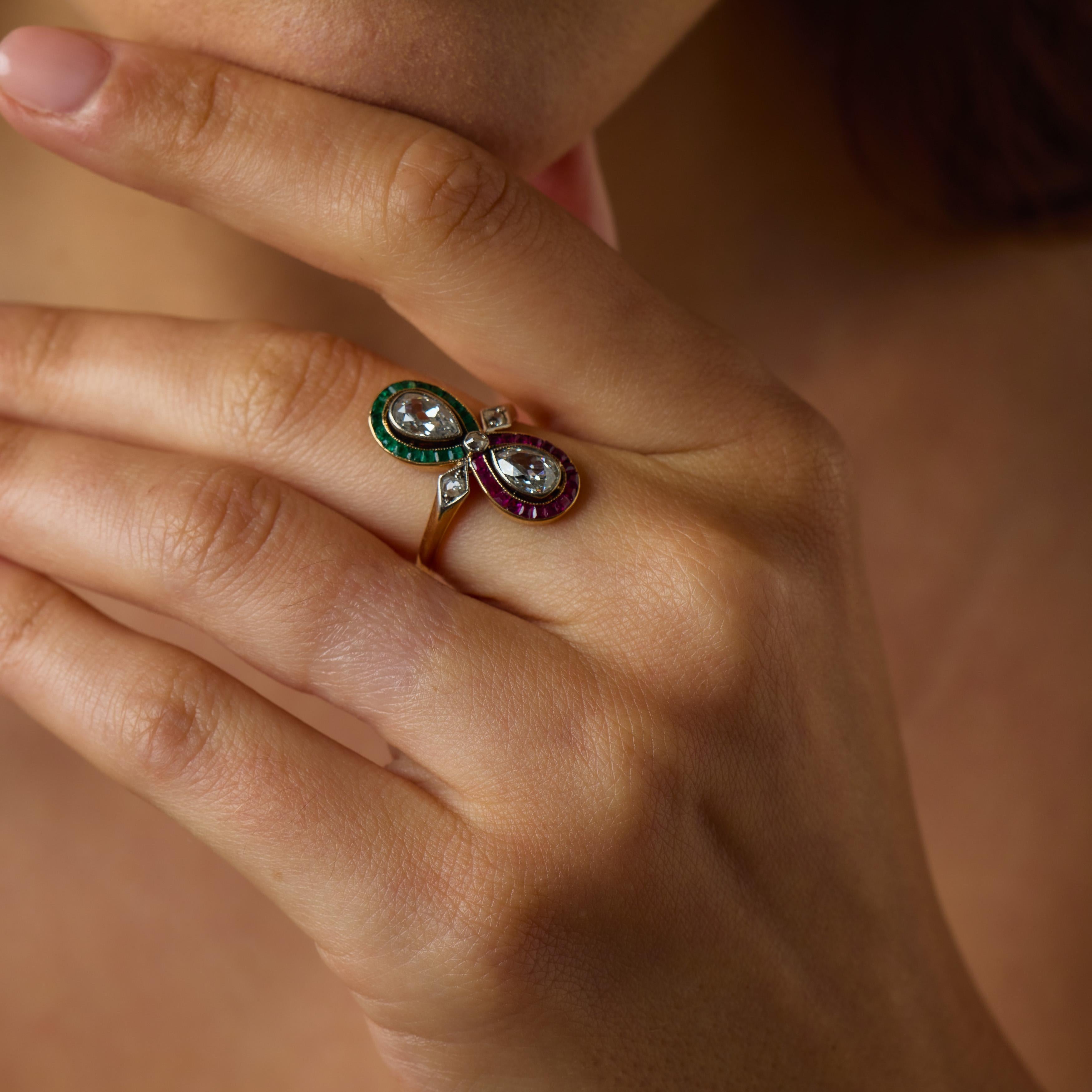 Edwardian 14k Diamond, Ruby, & Emerald "Moi et Toi" Bypass Ring