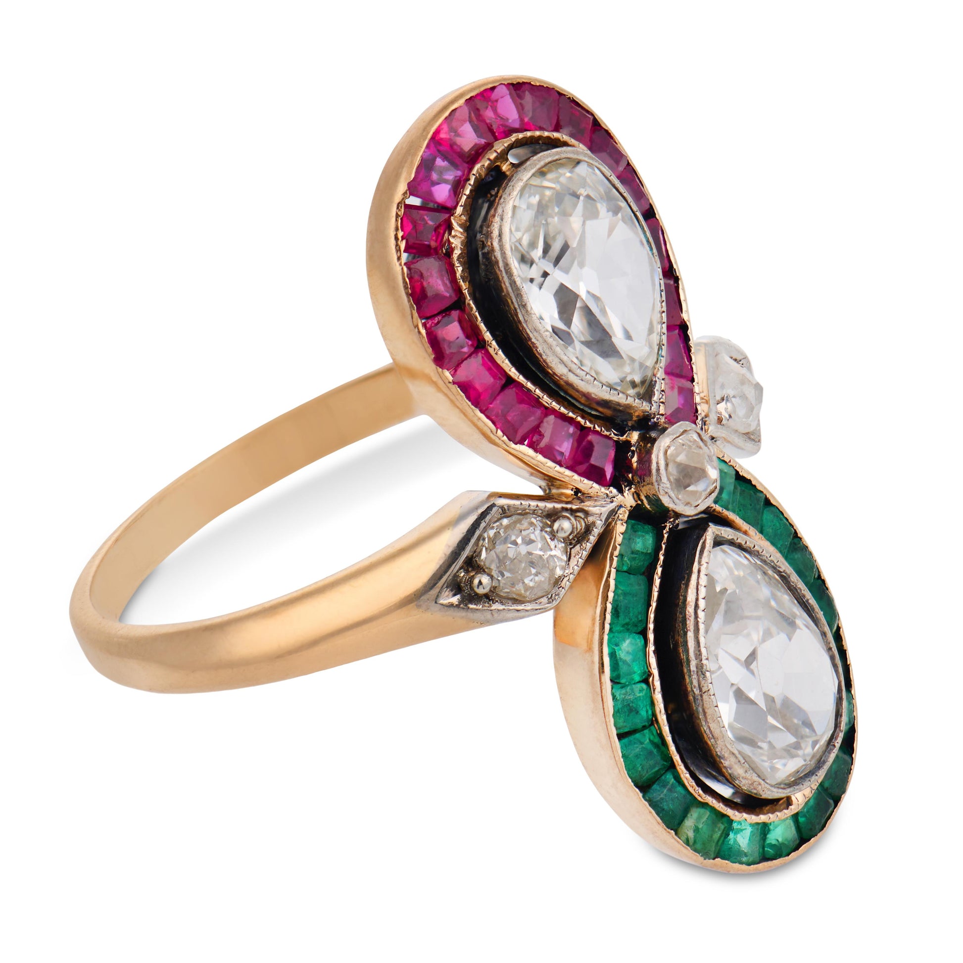 Edwardian 14k Diamond, Ruby, & Emerald "Moi et Toi" Bypass Ring