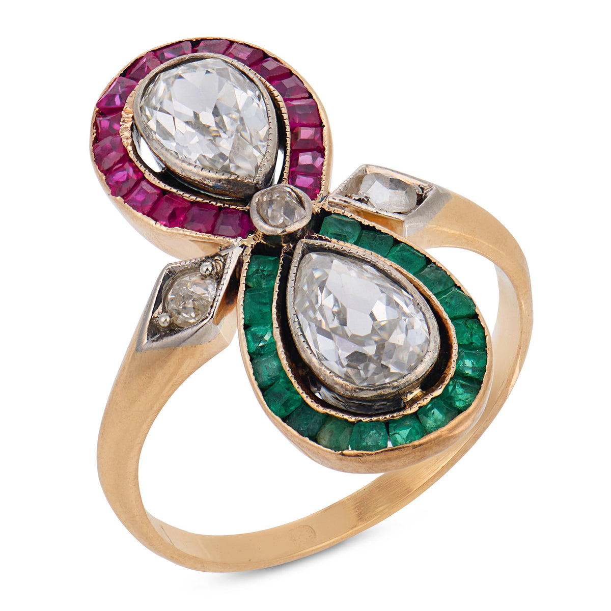 Edwardian 14k Diamond, Ruby, & Emerald "Moi et Toi" Bypass Ring