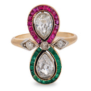 Edwardian 14k Diamond, Ruby, & Emerald "Moi et Toi" Bypass Ring