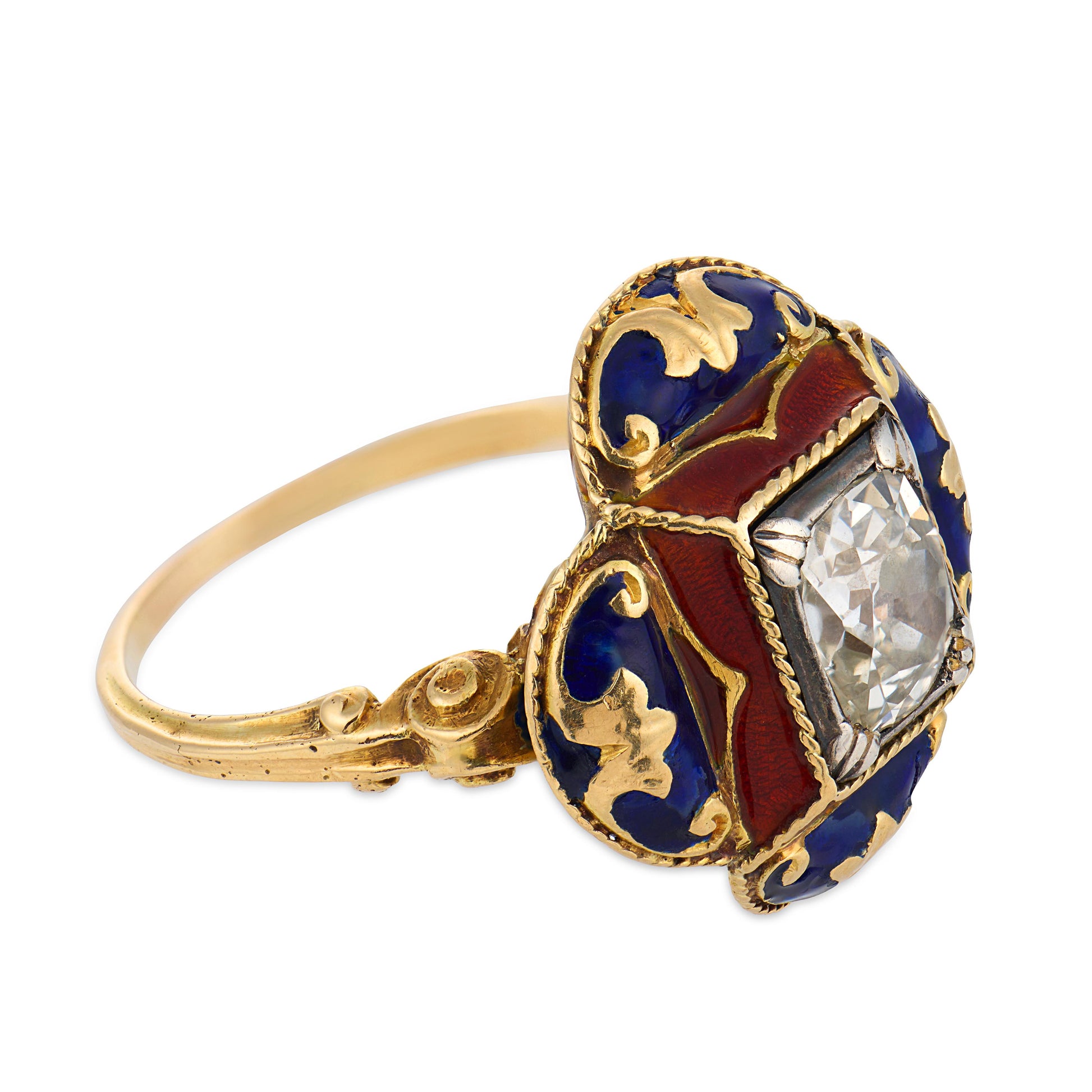 Victorian 14k Diamond & Enamel Clover-Motif Ring