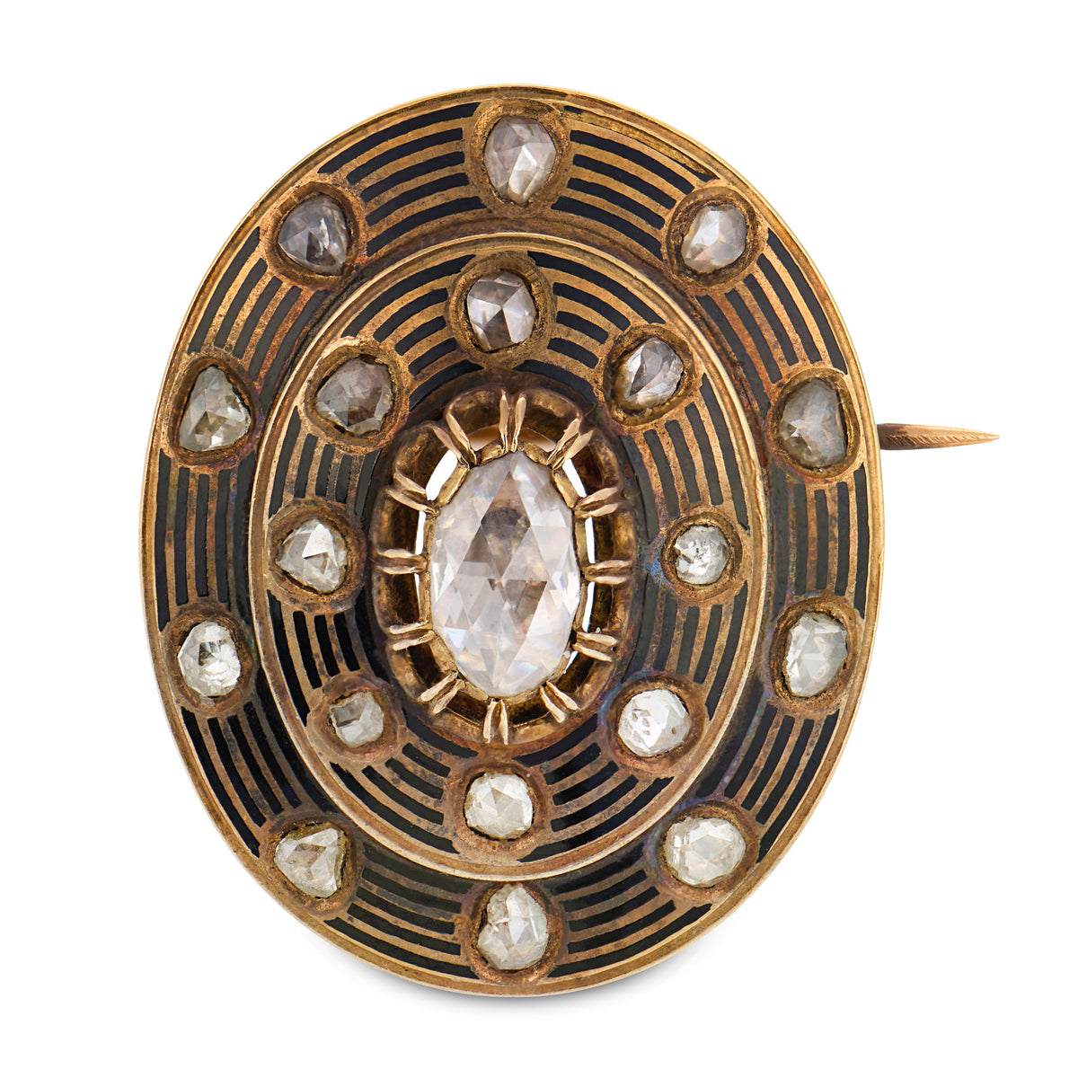 Victorian 18k French Diamond & Enamel Disc Pin