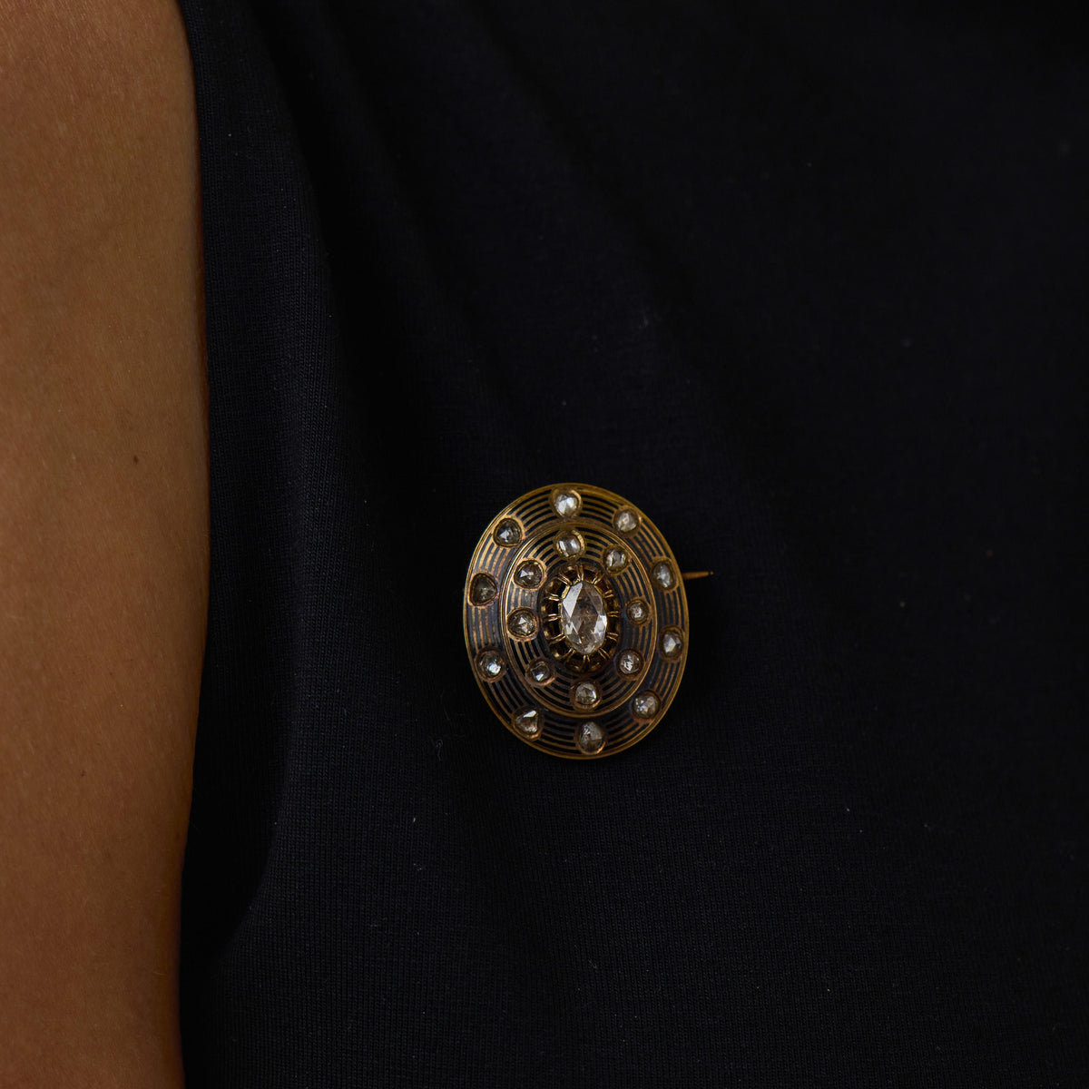 Victorian 18k French Diamond & Enamel Disc Pin
