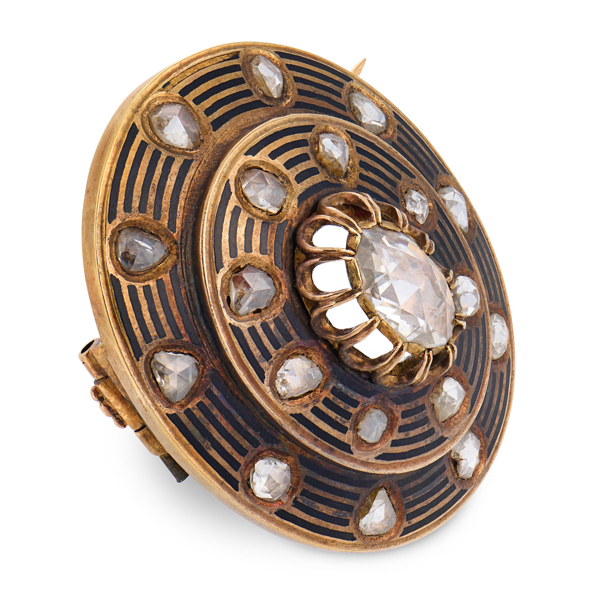 Victorian 18k French Diamond & Enamel Disc Pin