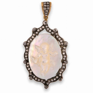 Victorian 14k/Sterling Silver Mother of Pearl & Diamond Cherub Pendant