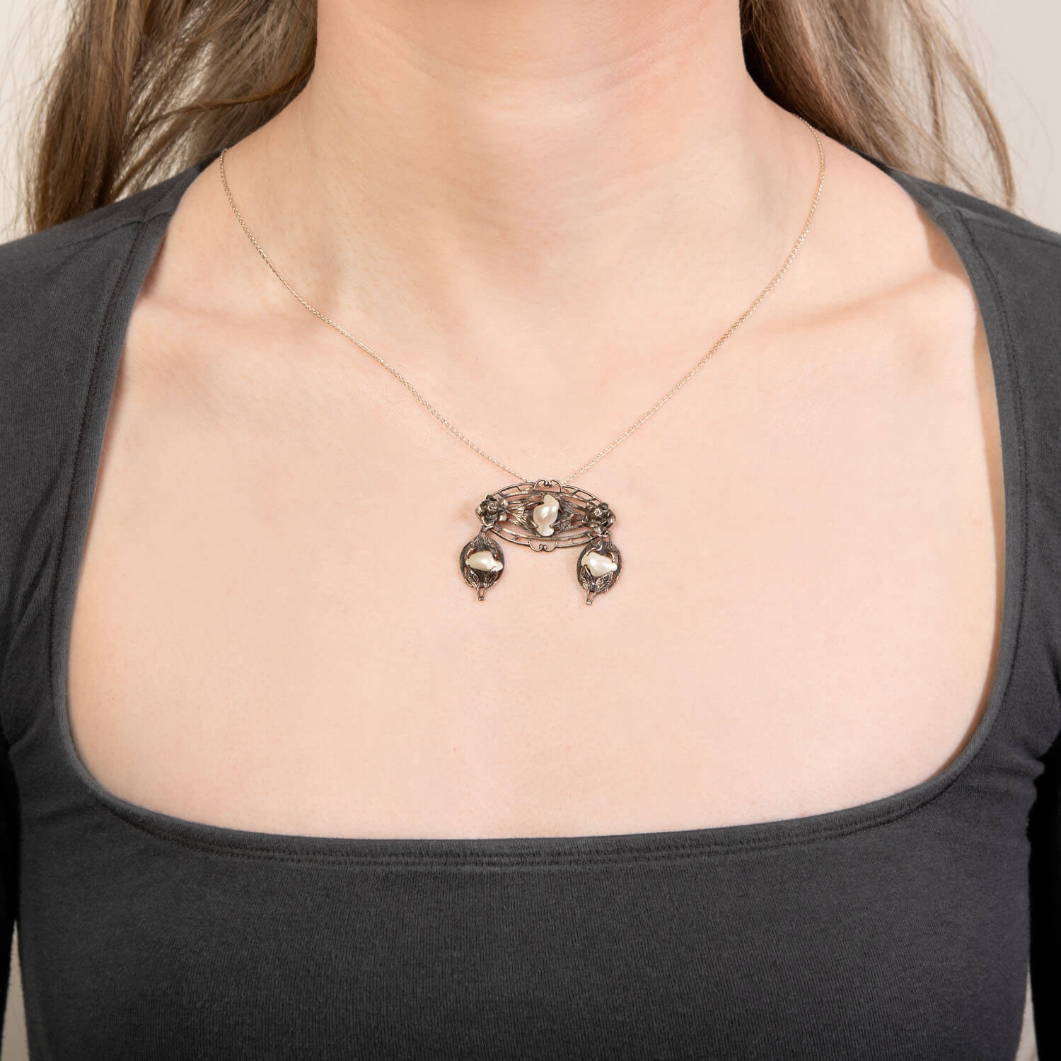 Edwardian Sterling Silver Mississippi River Pearl Lavalier Necklace