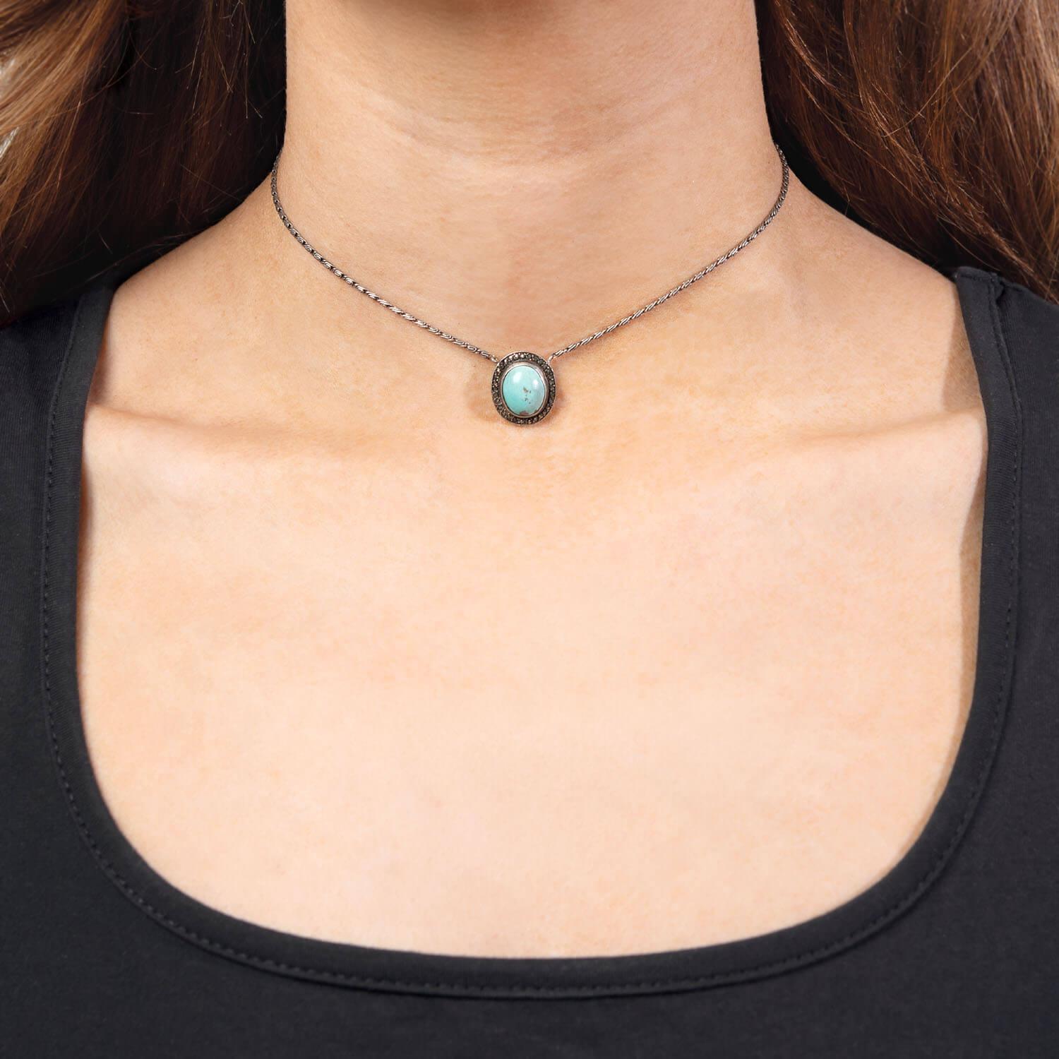 Late Art Deco Sterling Silver Turquoise & Marcasite Necklace