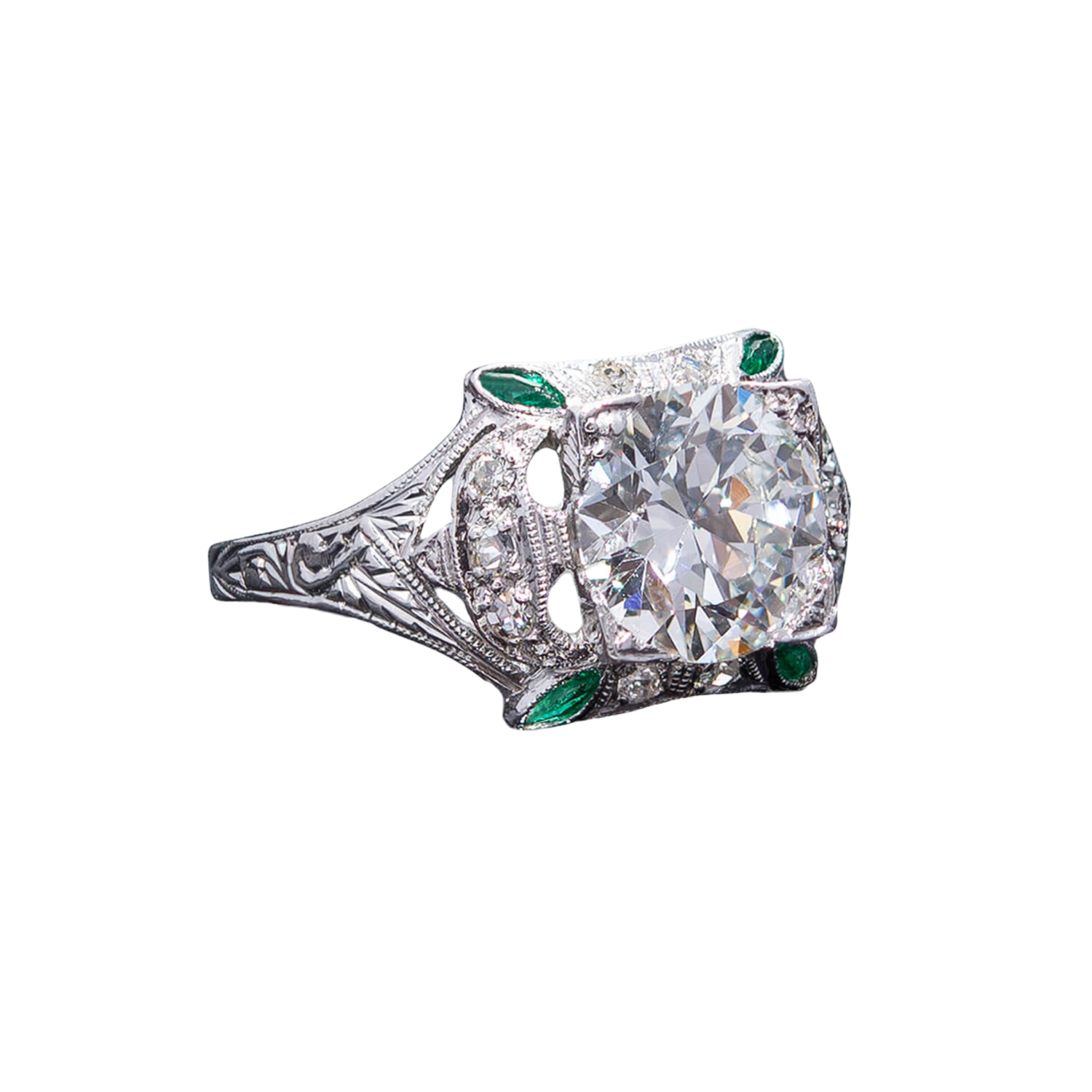 Art Deco Platinum Diamond + Emerald Engagement Ring 1.78ct