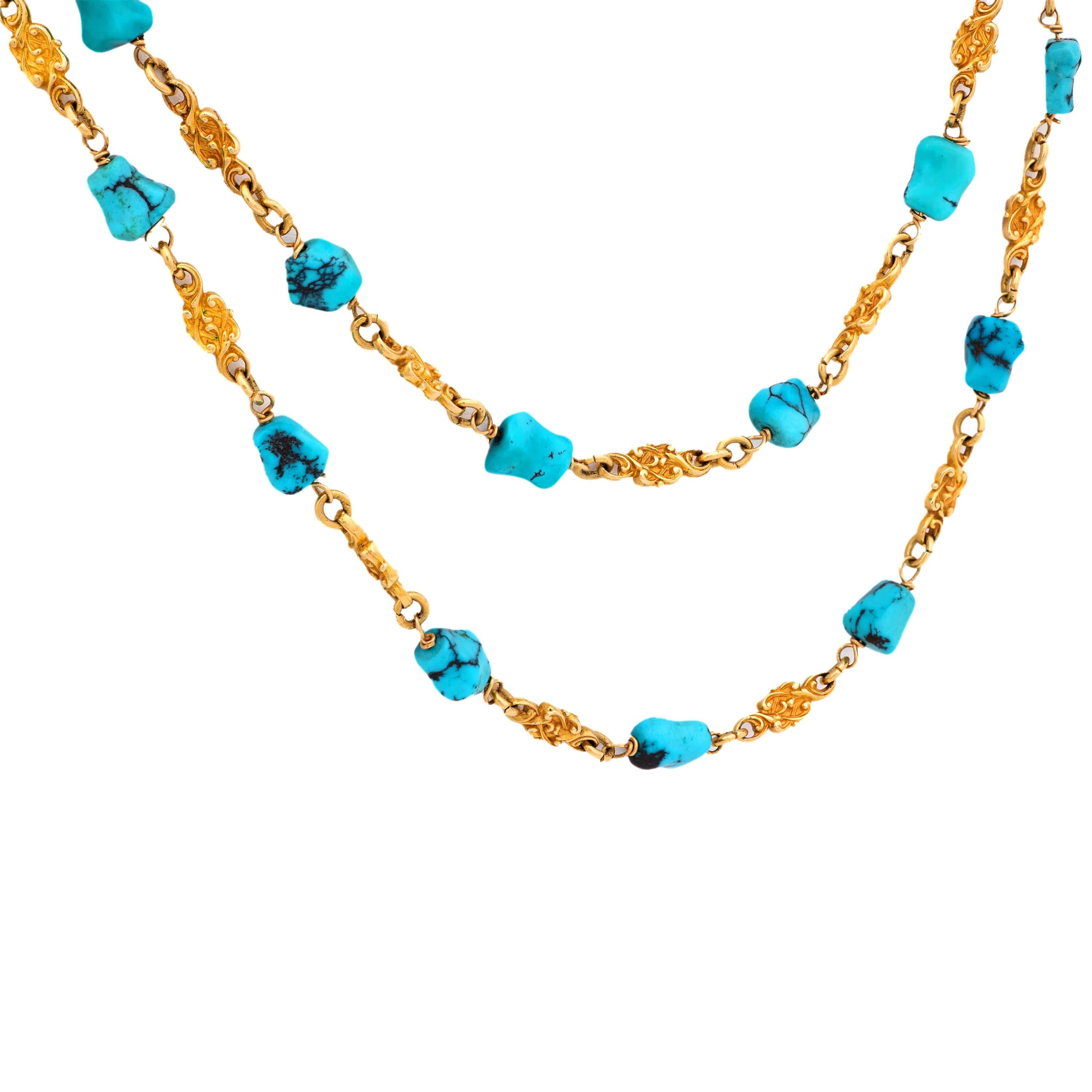 Victorian 14k Turquoise Nugget Chain Necklace