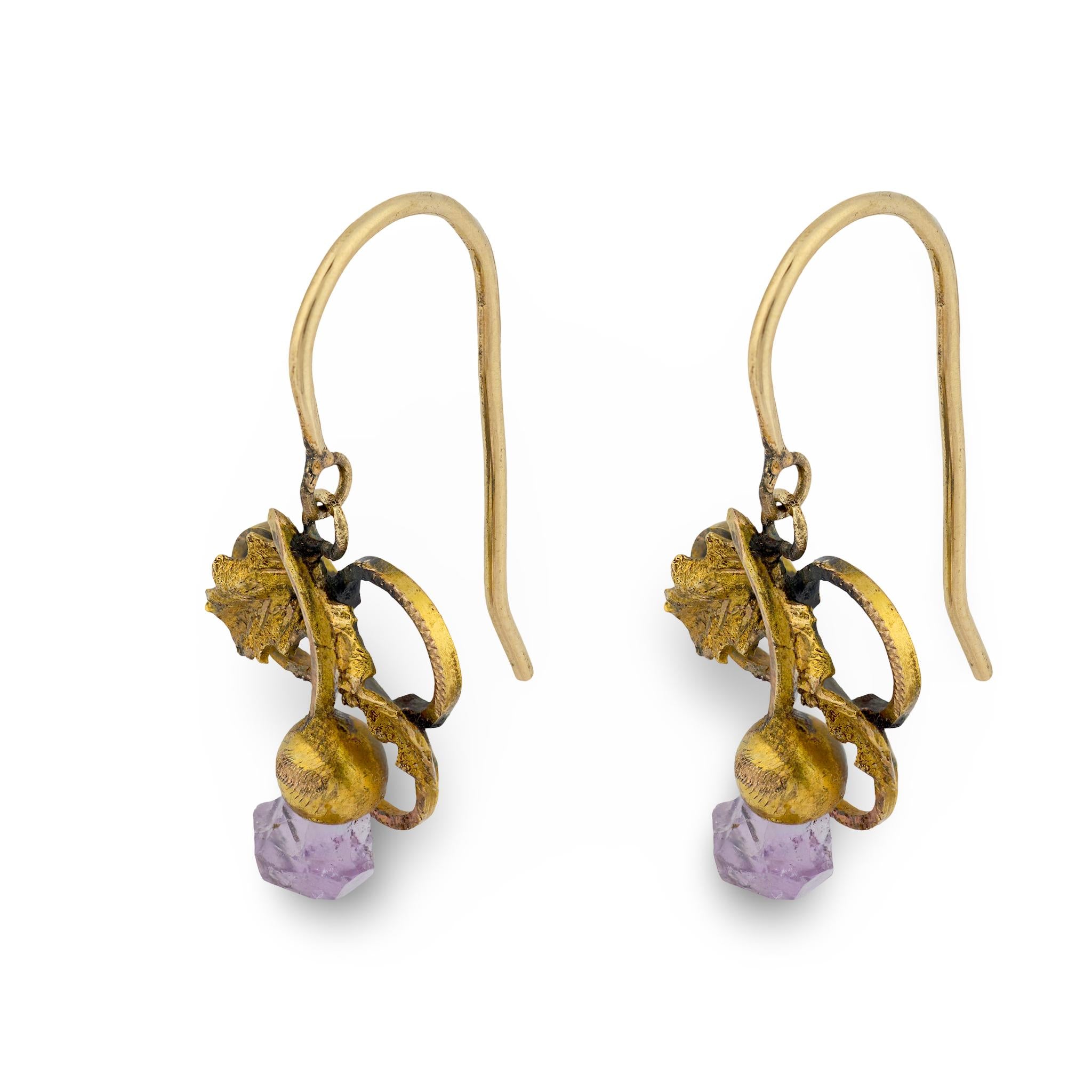 Victorian 14k Amethyst Trefoil & Foliage Motif Earrings