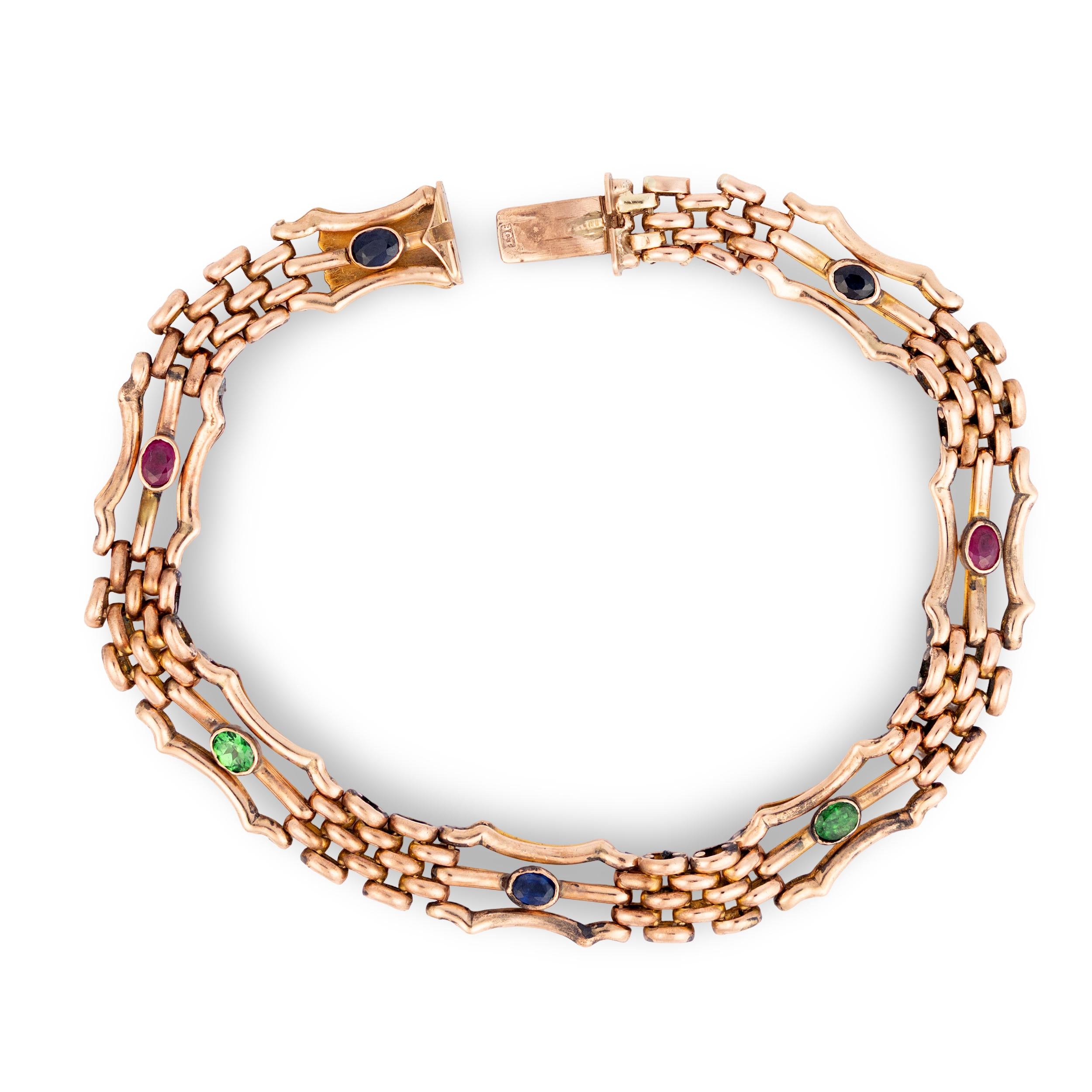 Victorian English 9k Tsavorite, Ruby, & Sapphire Bracelet