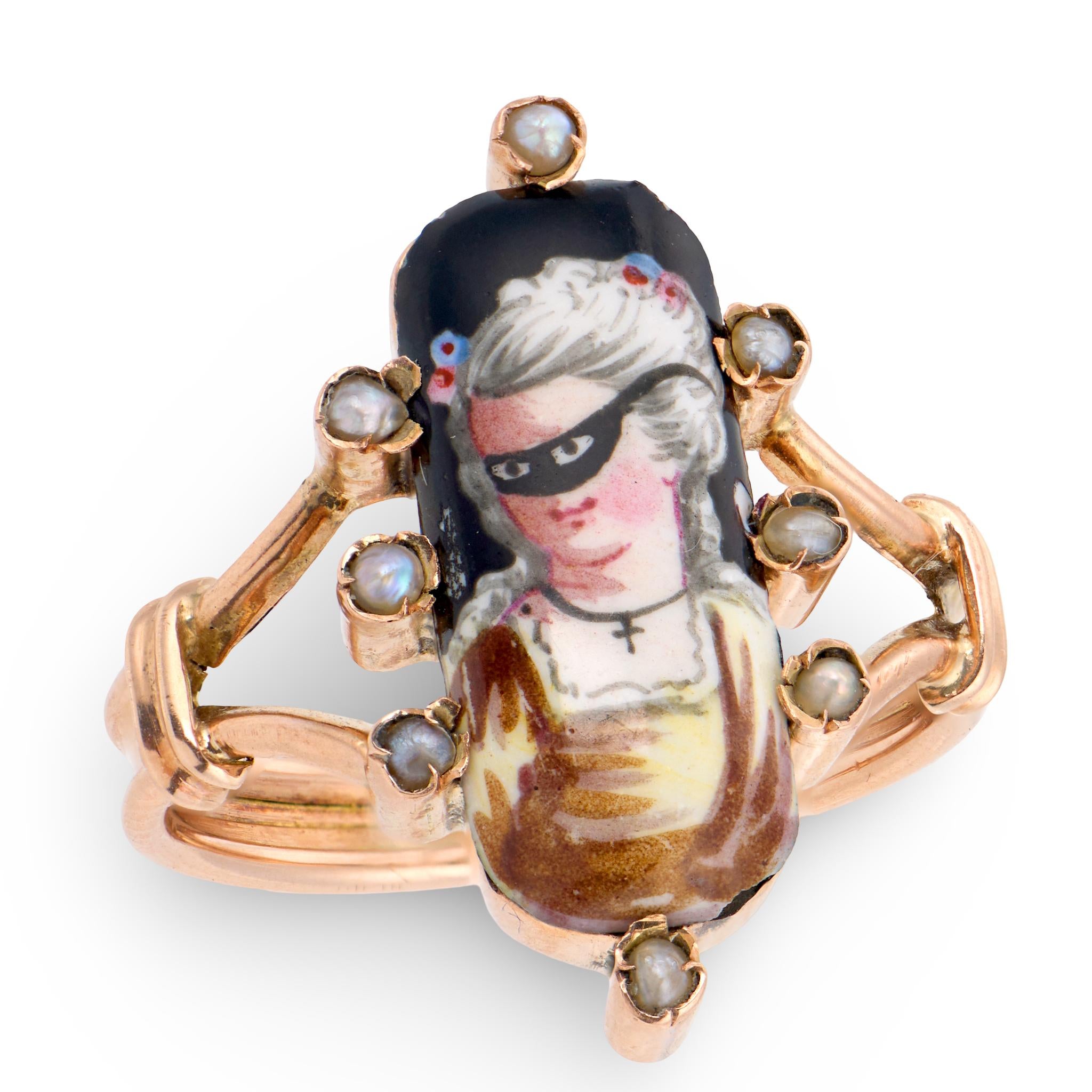 Victorian 14k Pearl & Enamel Masked Woman Portrait Ring