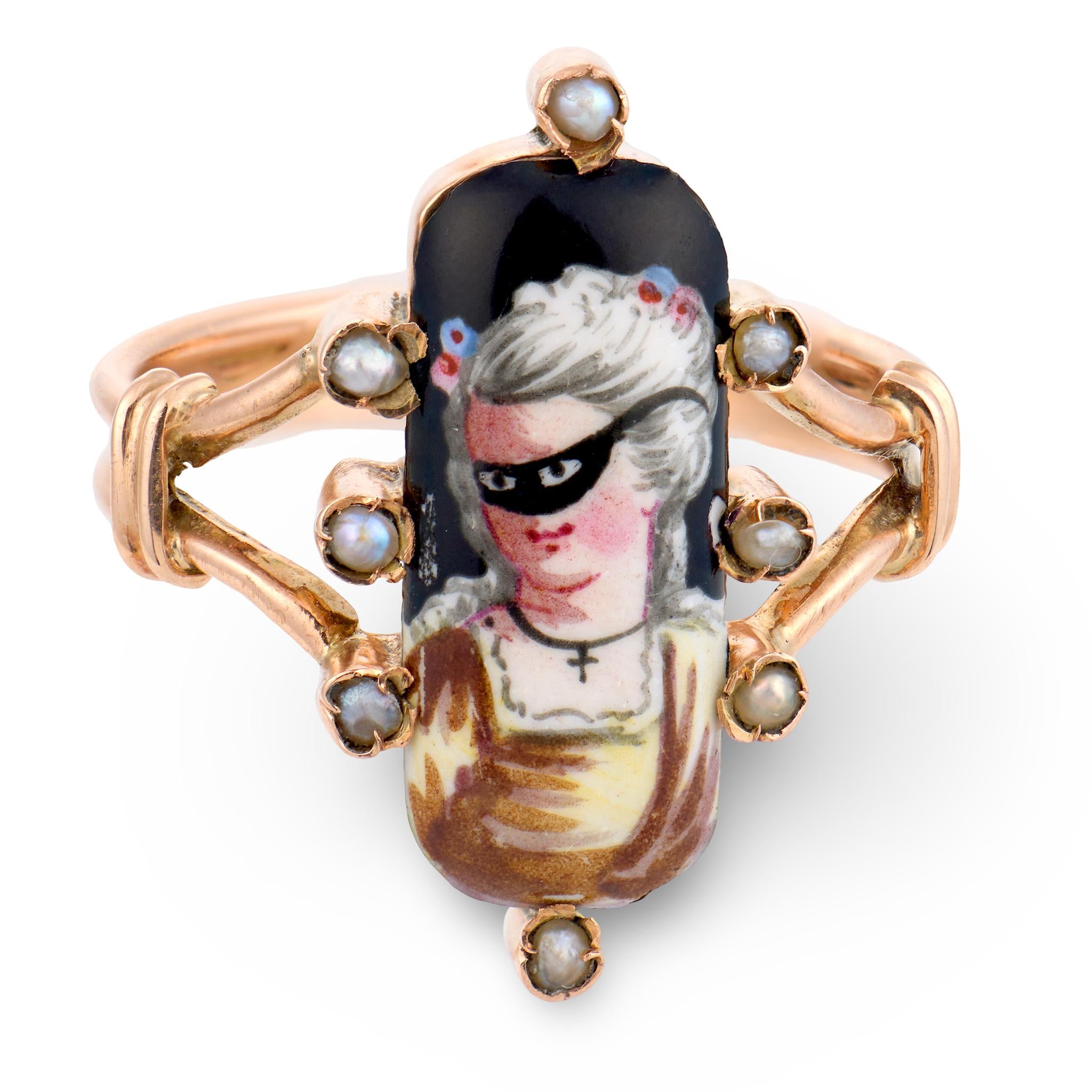 Victorian 14k Pearl & Enamel Masked Woman Portrait Ring
