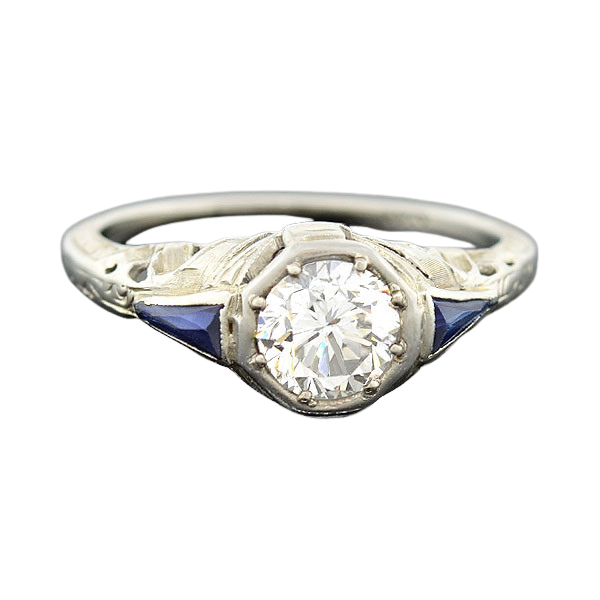 Art Deco 18kt Diamond & Sapphire Engagement Ring .82ct