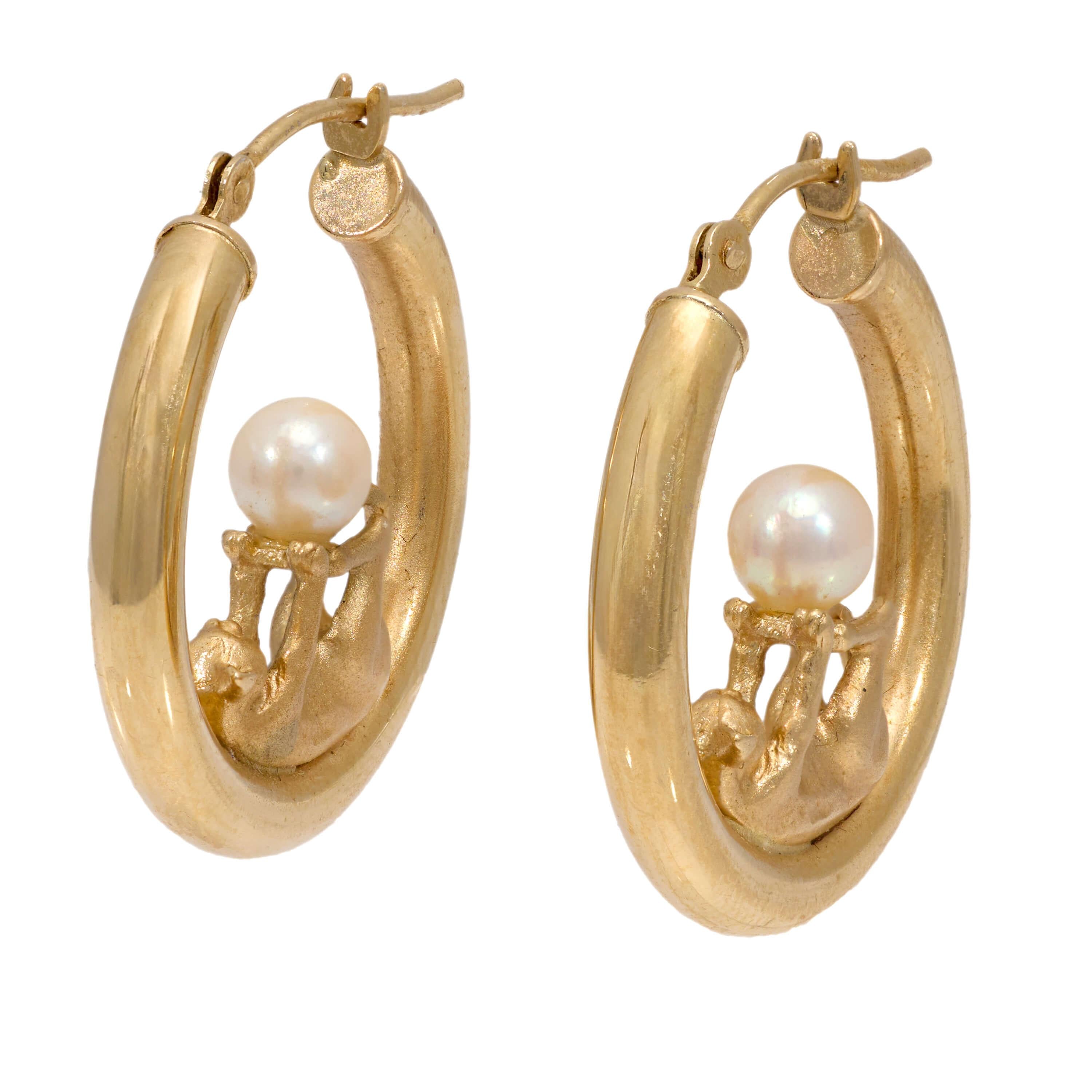 Estate 14k Pearl Cat Motif Hoop Earrings