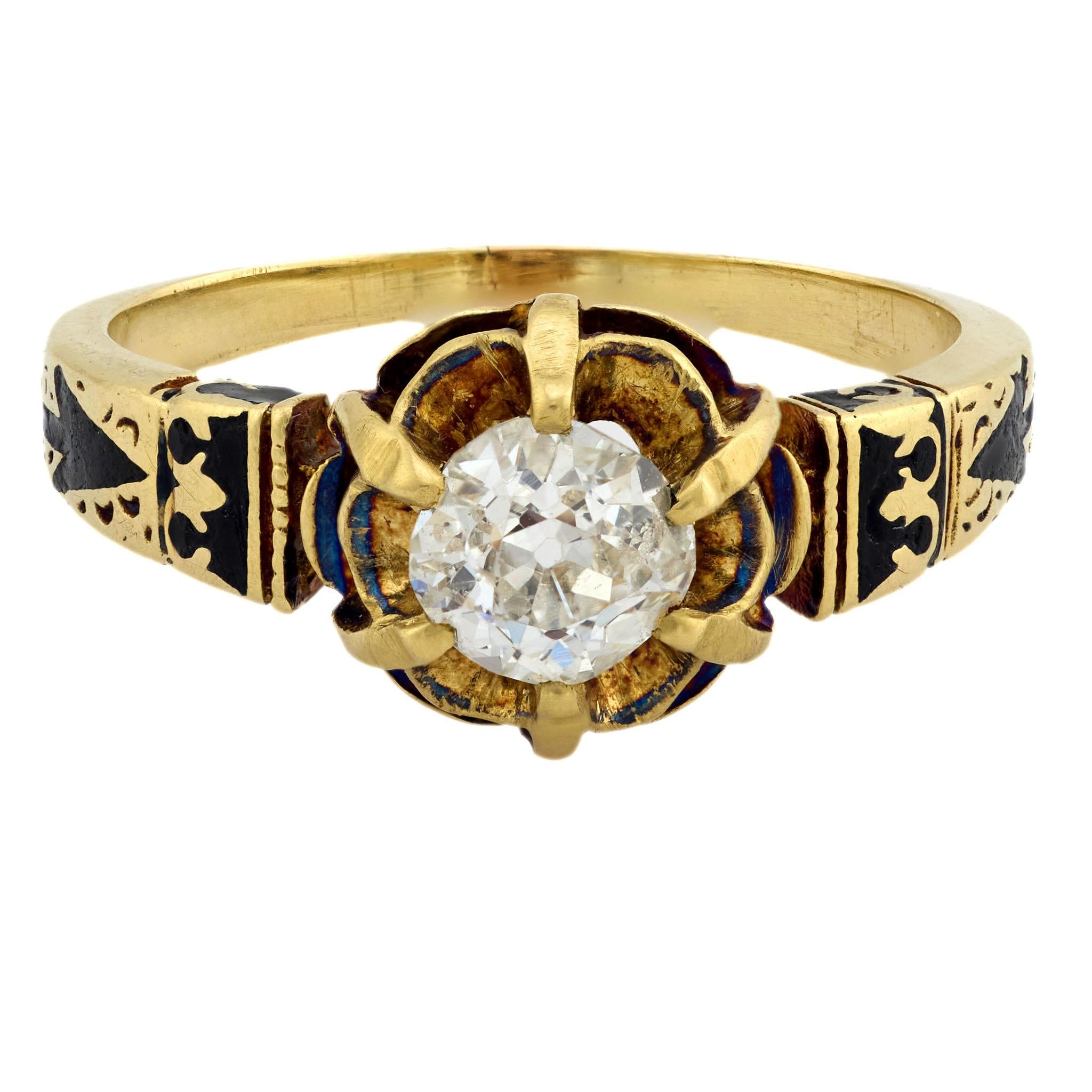 Victorian 14k Diamond and Enamel Engagement Ring 0.70ct