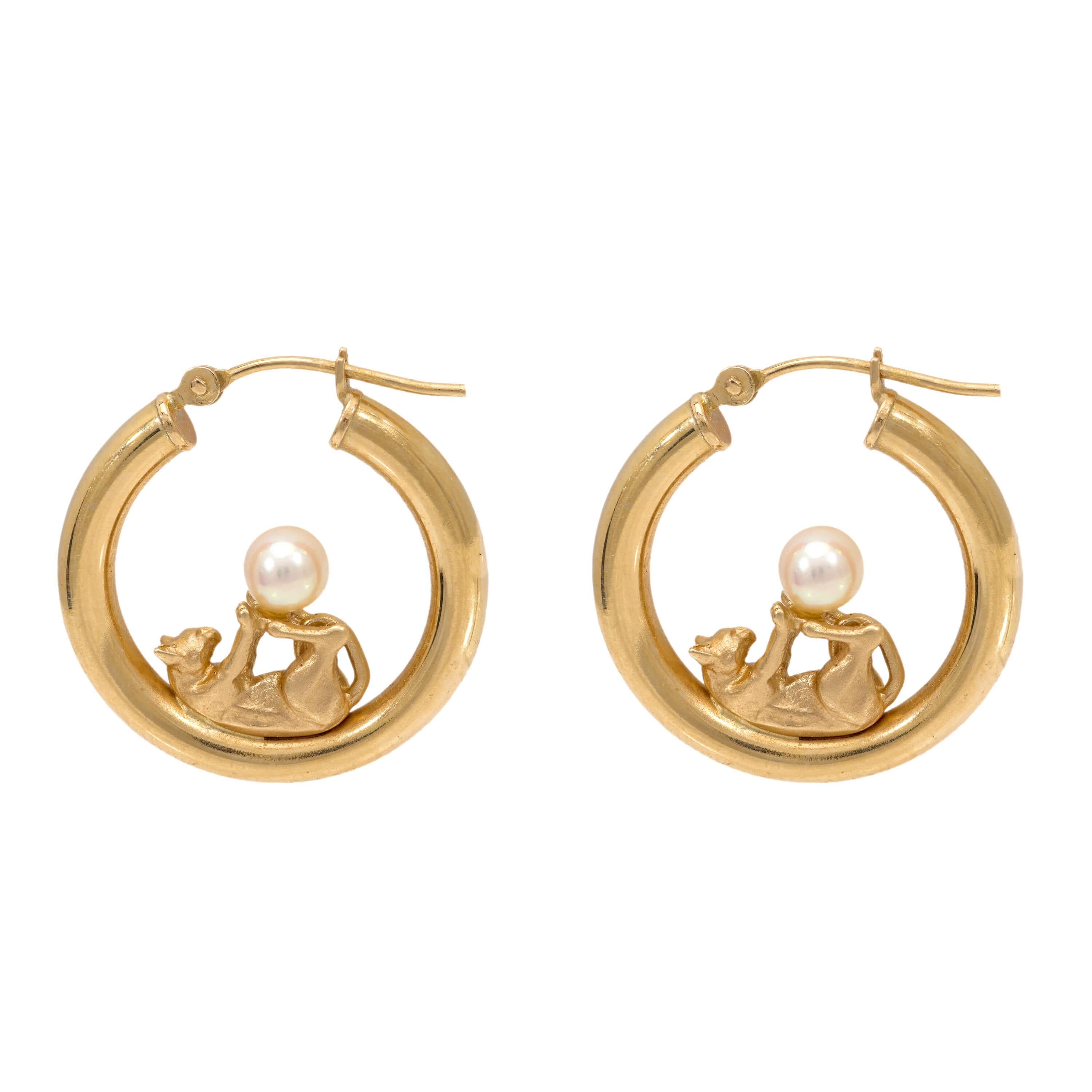 Estate 14k Pearl Cat Motif Hoop Earrings