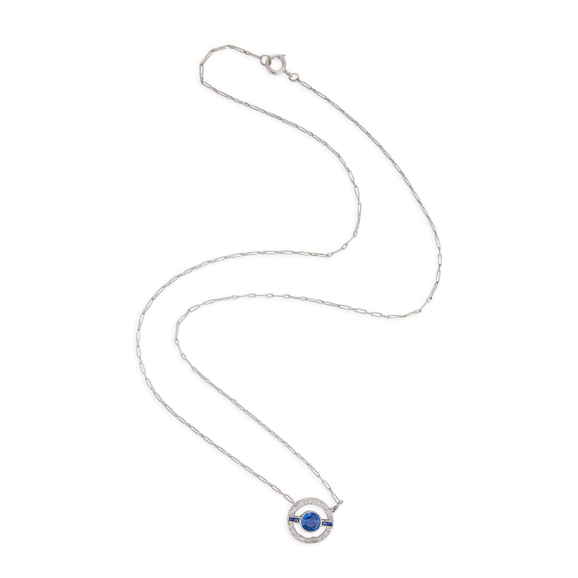 Art Deco Platinum Sapphire & Diamond Halo Pendant Necklace