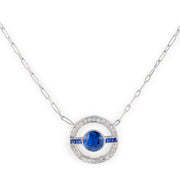 Art Deco Platinum Sapphire & Diamond Halo Pendant Necklace