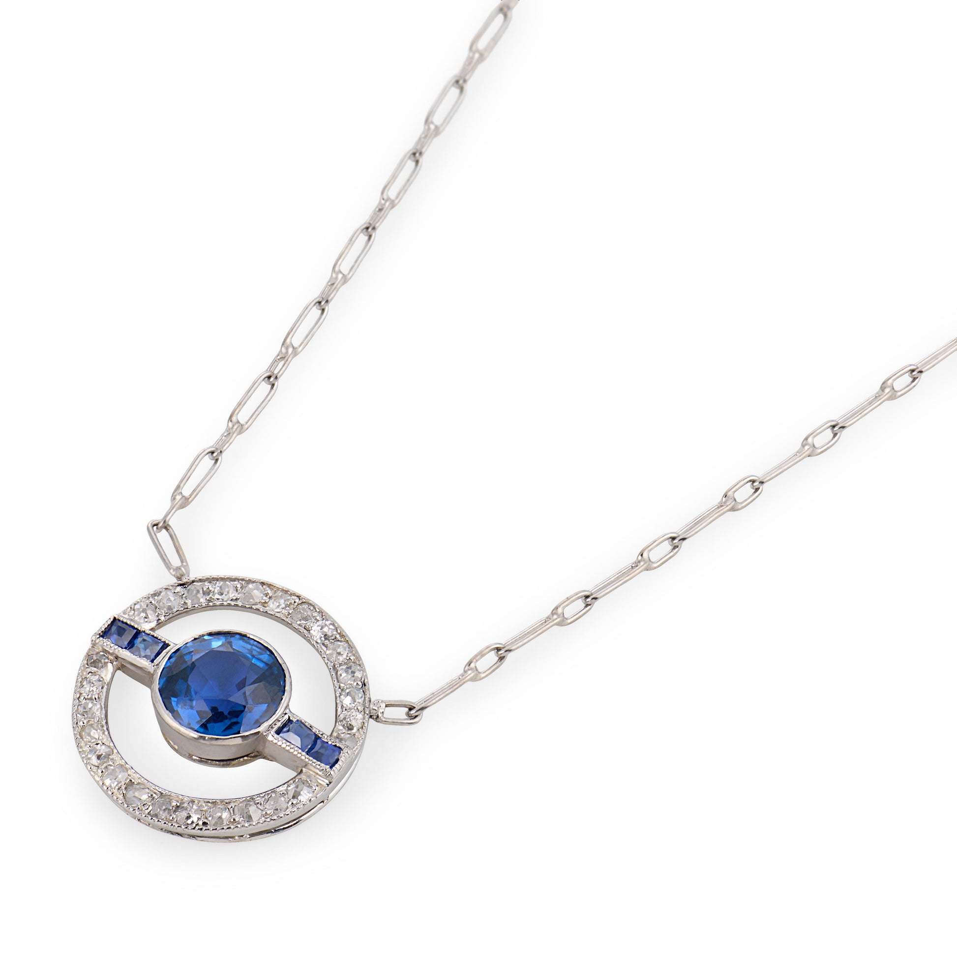 Art Deco Platinum Sapphire & Diamond Halo Pendant Necklace