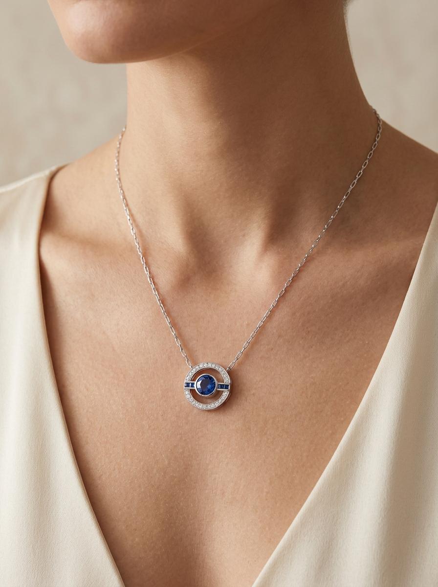 Art Deco Platinum Sapphire & Diamond Halo Pendant Necklace