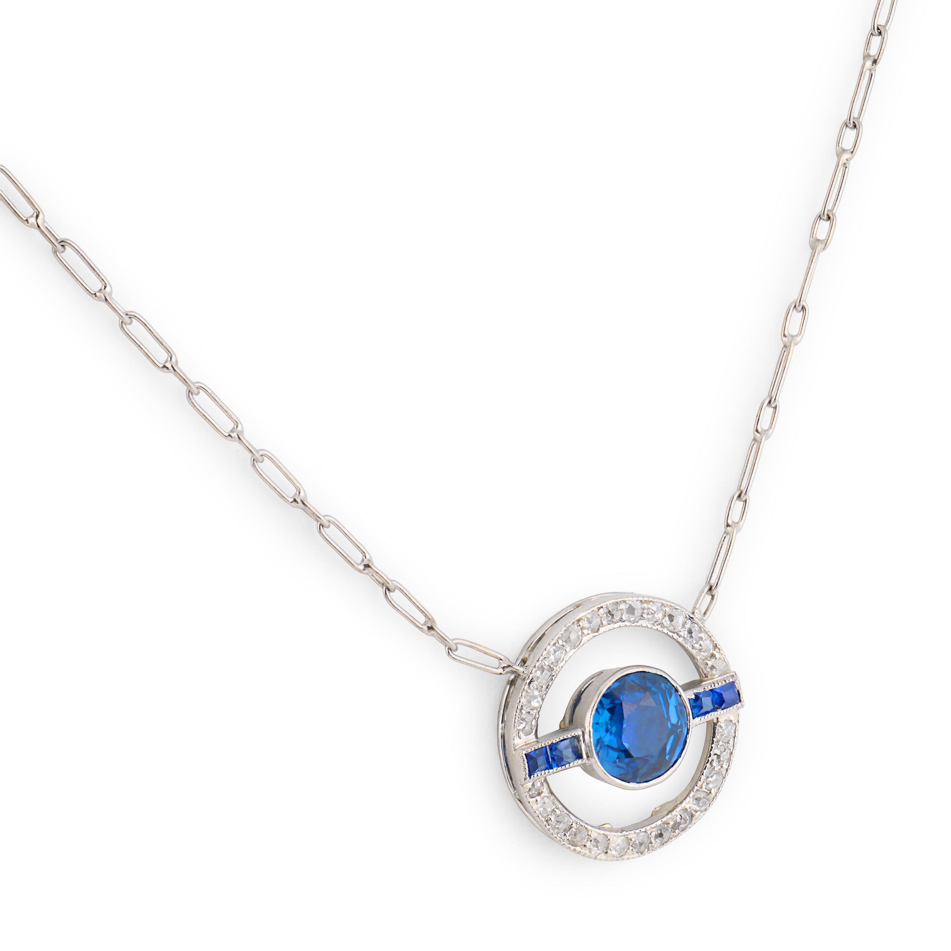 Art Deco Platinum Sapphire & Diamond Halo Pendant Necklace