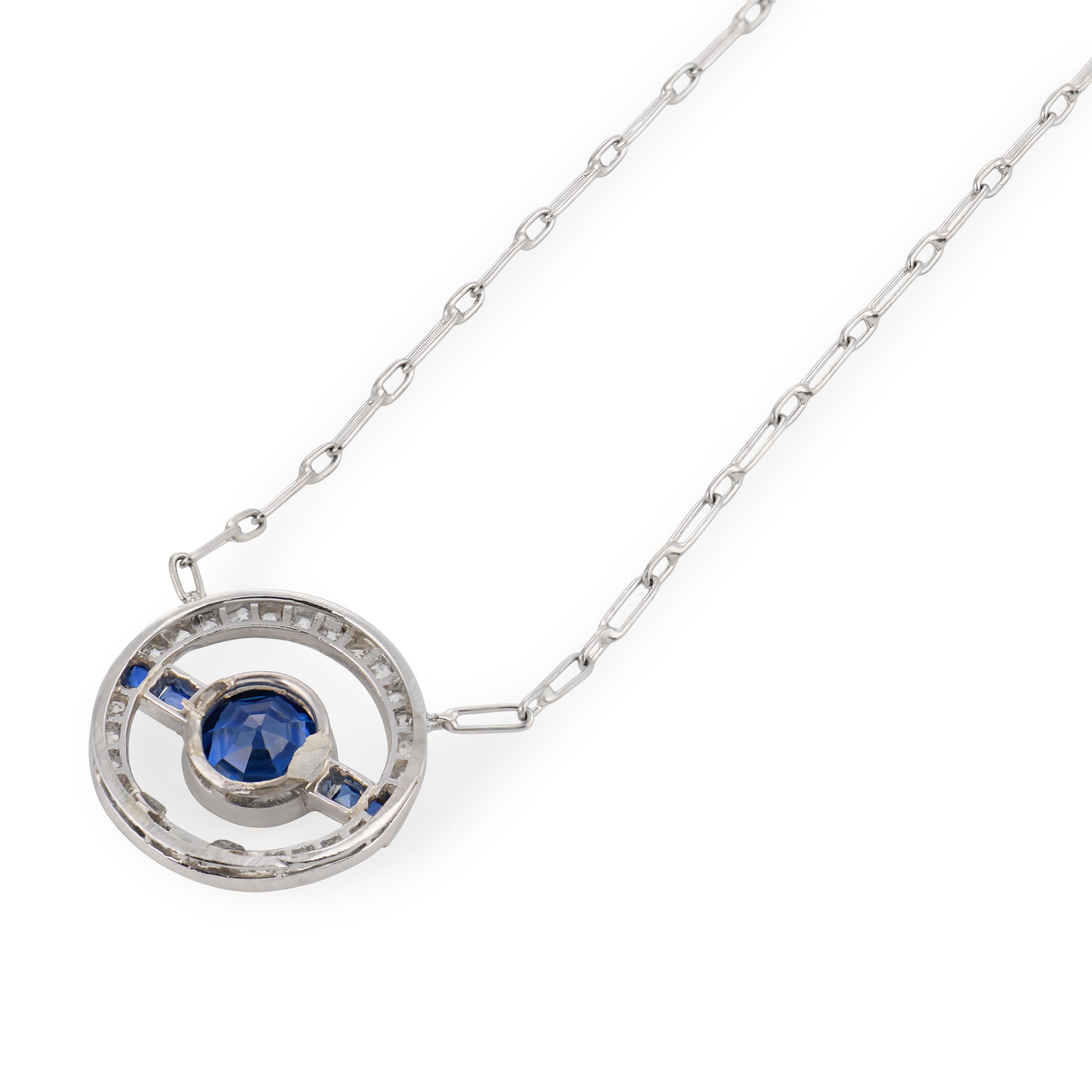 Art Deco Platinum Sapphire & Diamond Halo Pendant Necklace