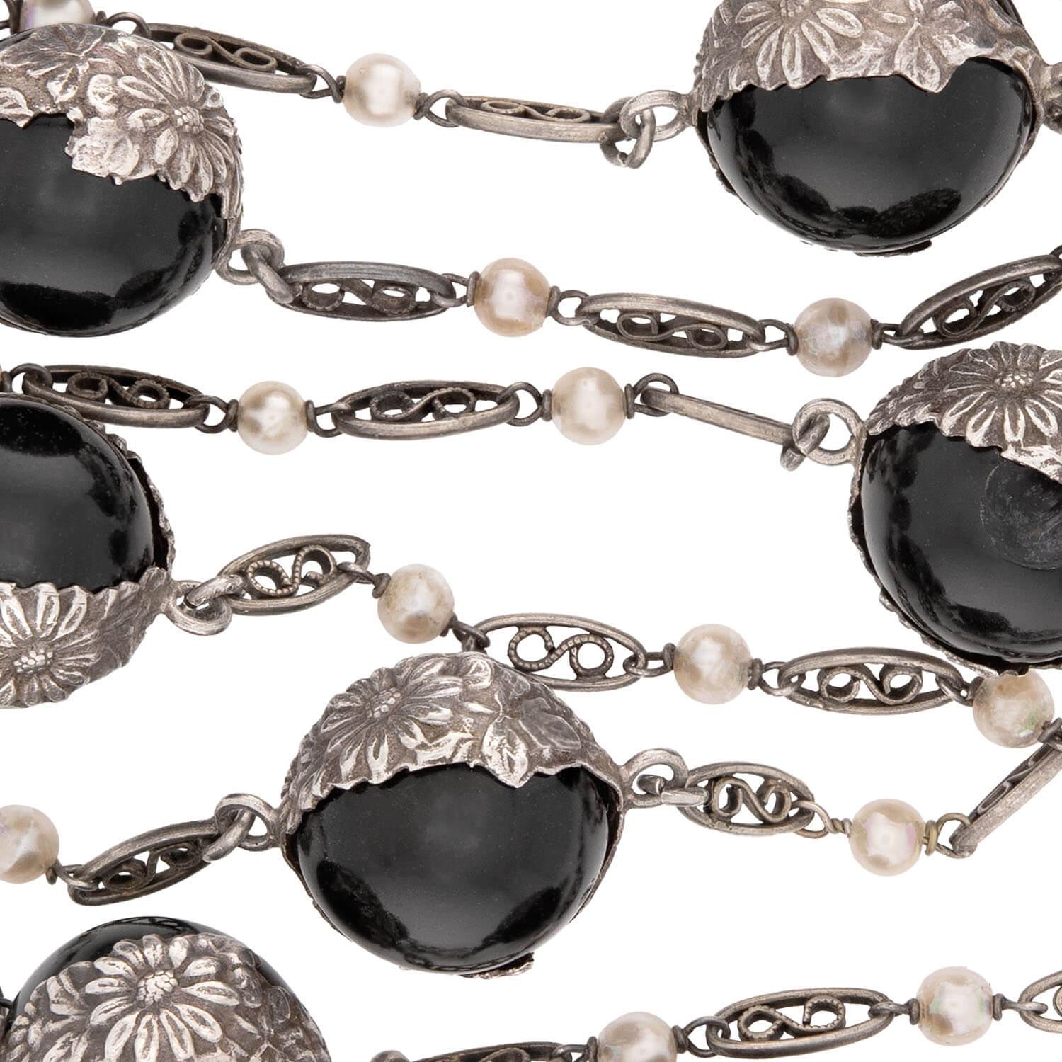Art Deco Sterling Silver Onyx Pools Of Light Chain Necklace 31"
