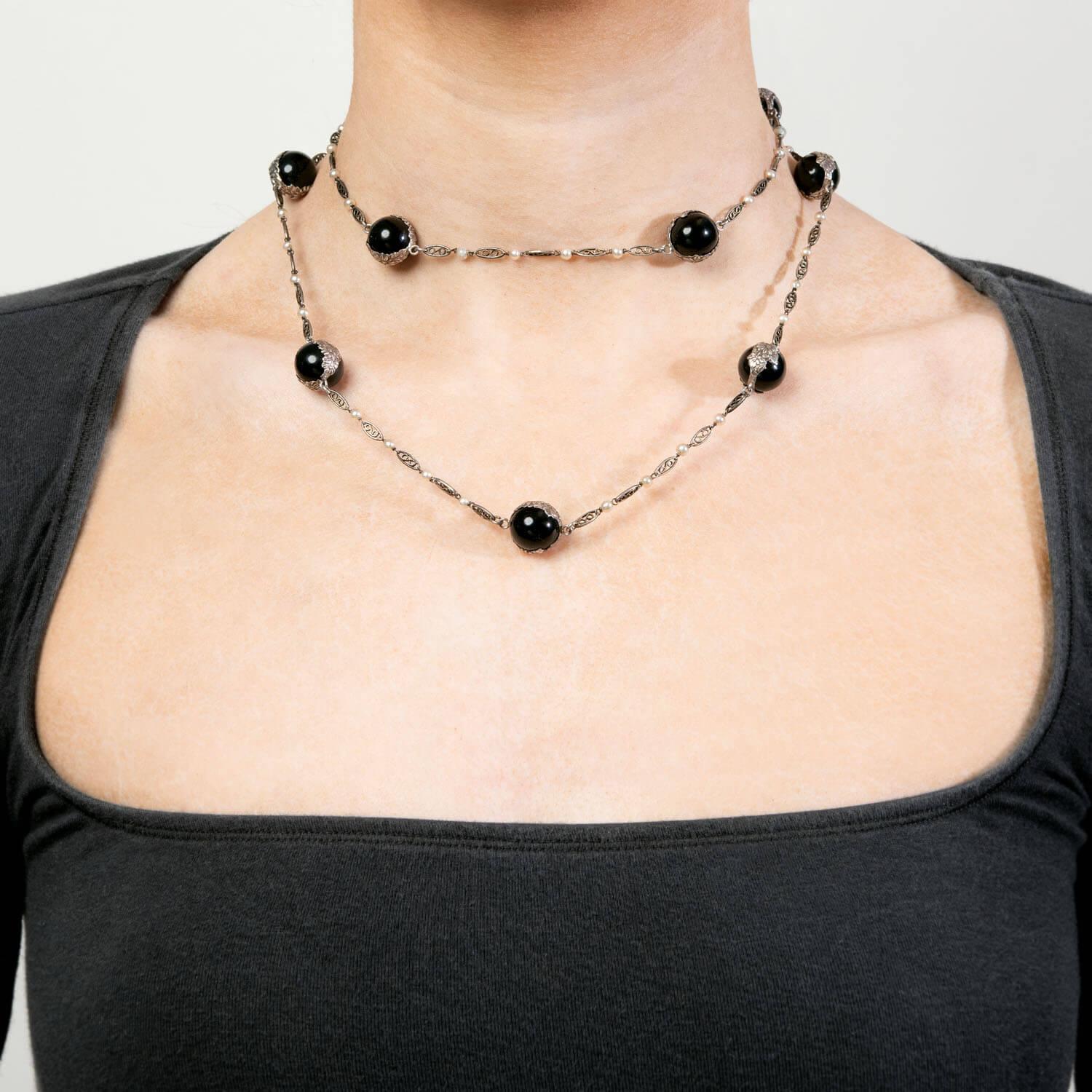 Art Deco Sterling Silver Onyx Pools Of Light Chain Necklace 31"