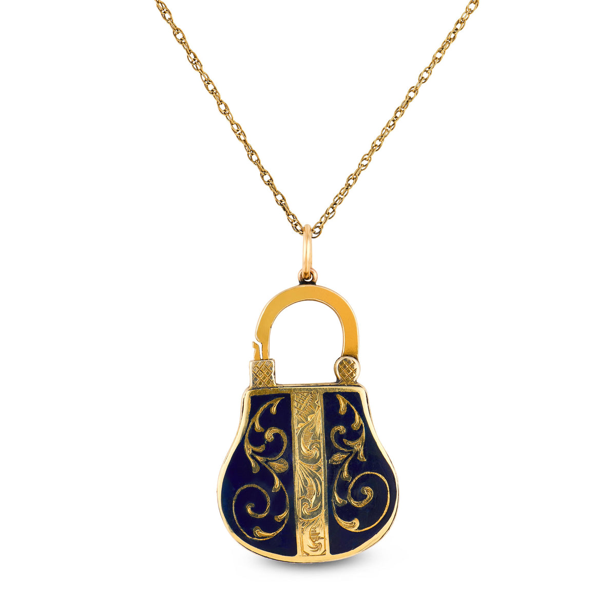 Victorian English 15k/14k Enamel Locket Pendant Necklace