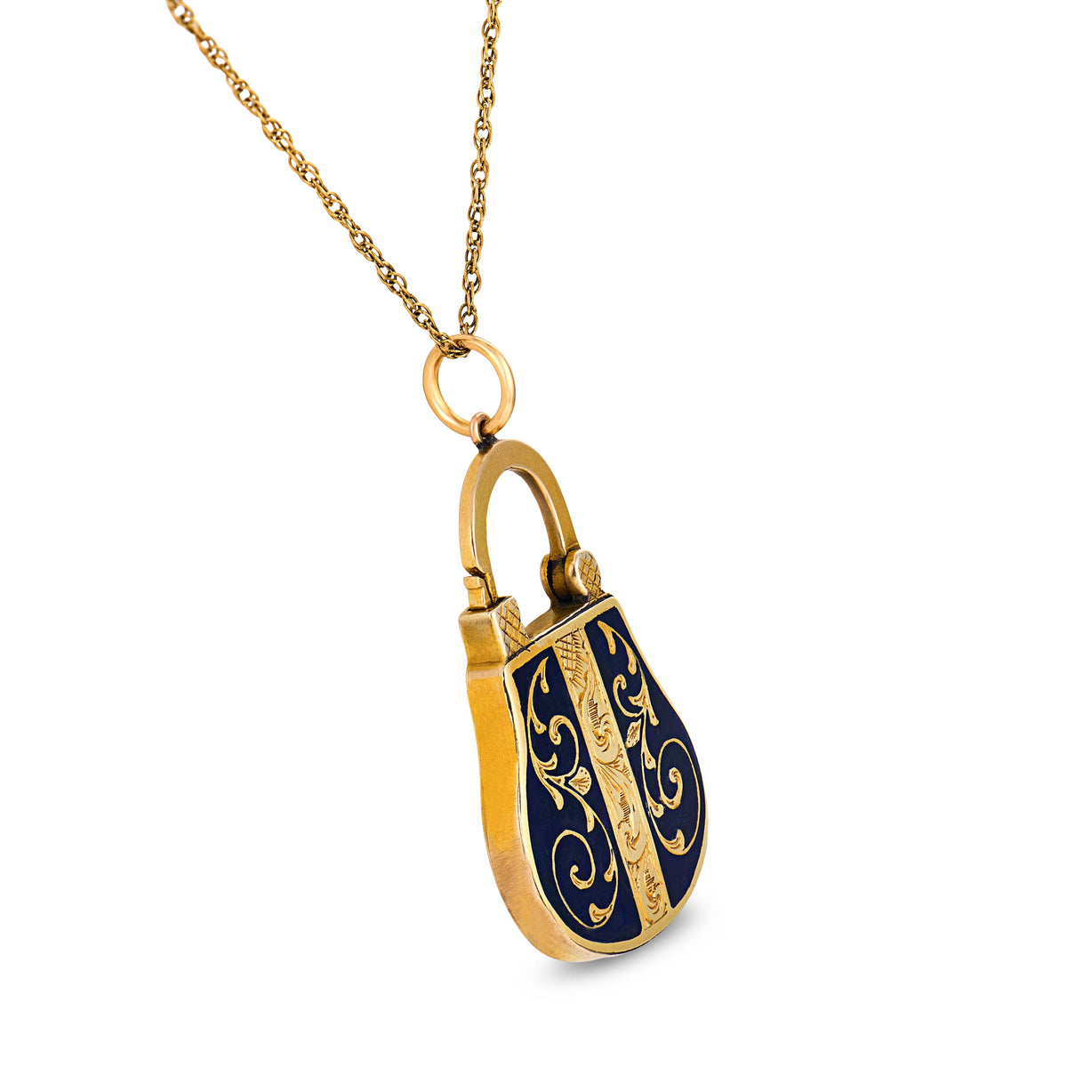 Victorian English 15k/14k Enamel Locket Pendant Necklace