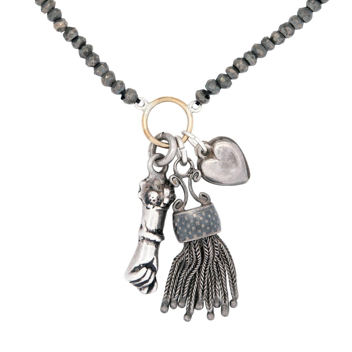 Estate Sterling Silver Pyrite Bead Charm Necklace