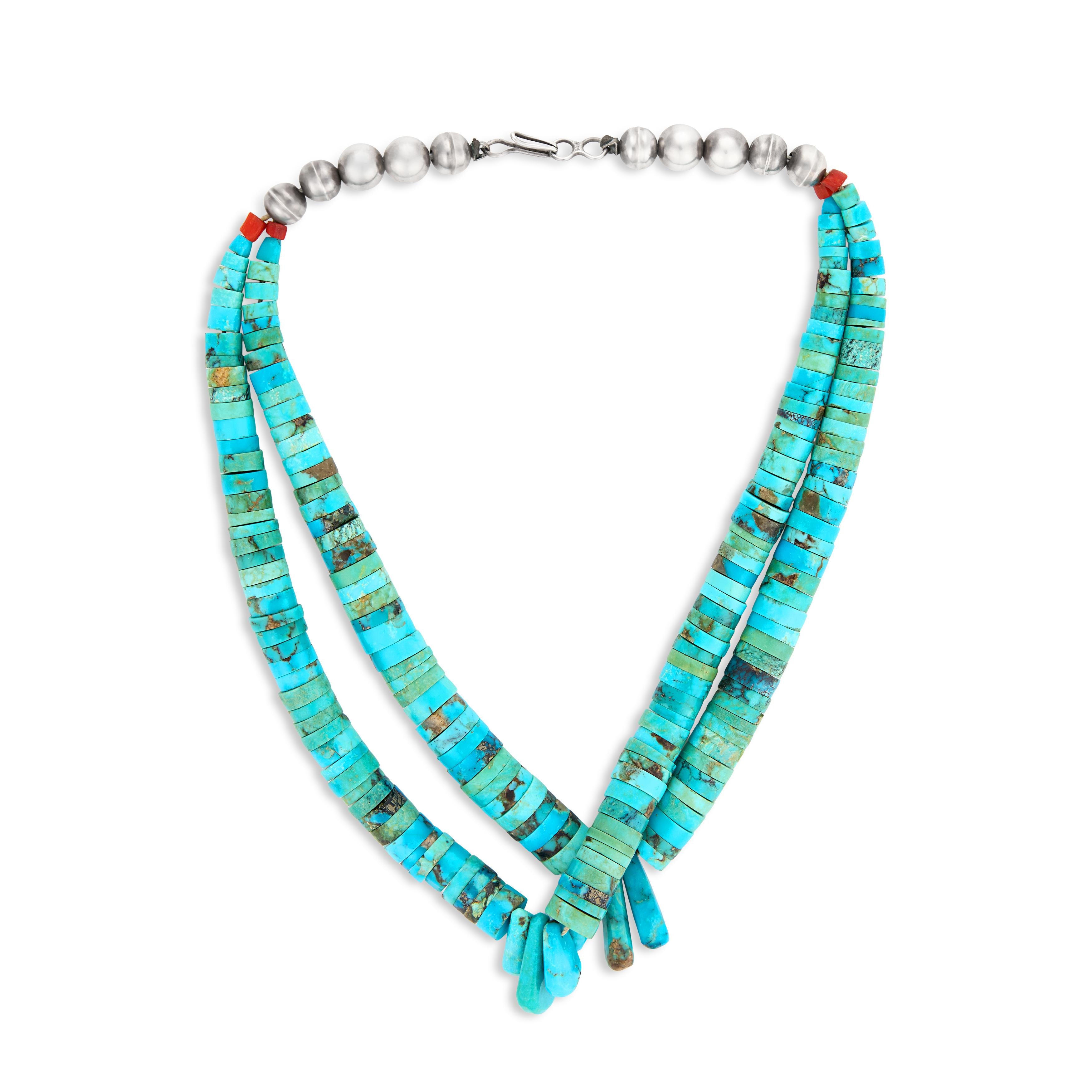 Vintage Sterling Silver Turquoise & Coral Heishi Bead Necklace