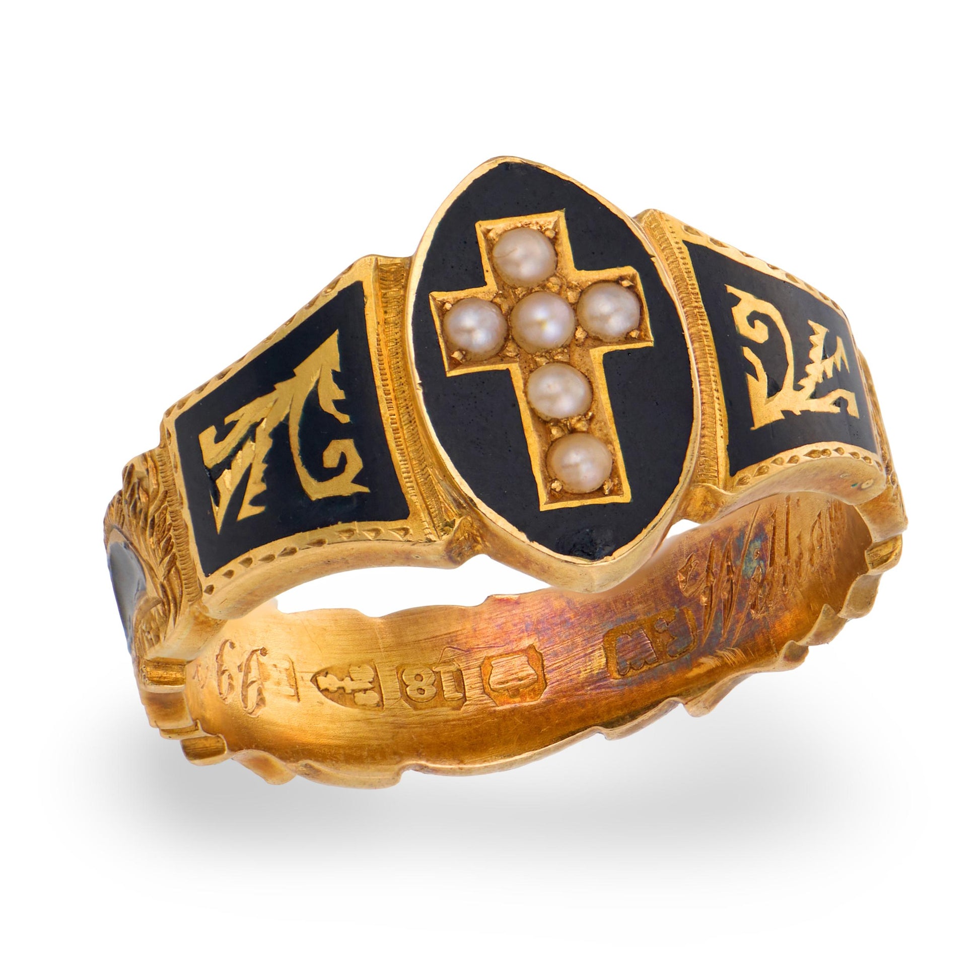 Victorian English 18k Pearl & Enamel Mourning Ring