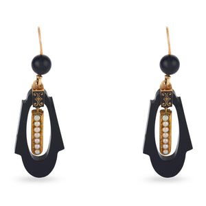 Victorian 14k Onyx, Pearl, & Enamel Dangle Earrings