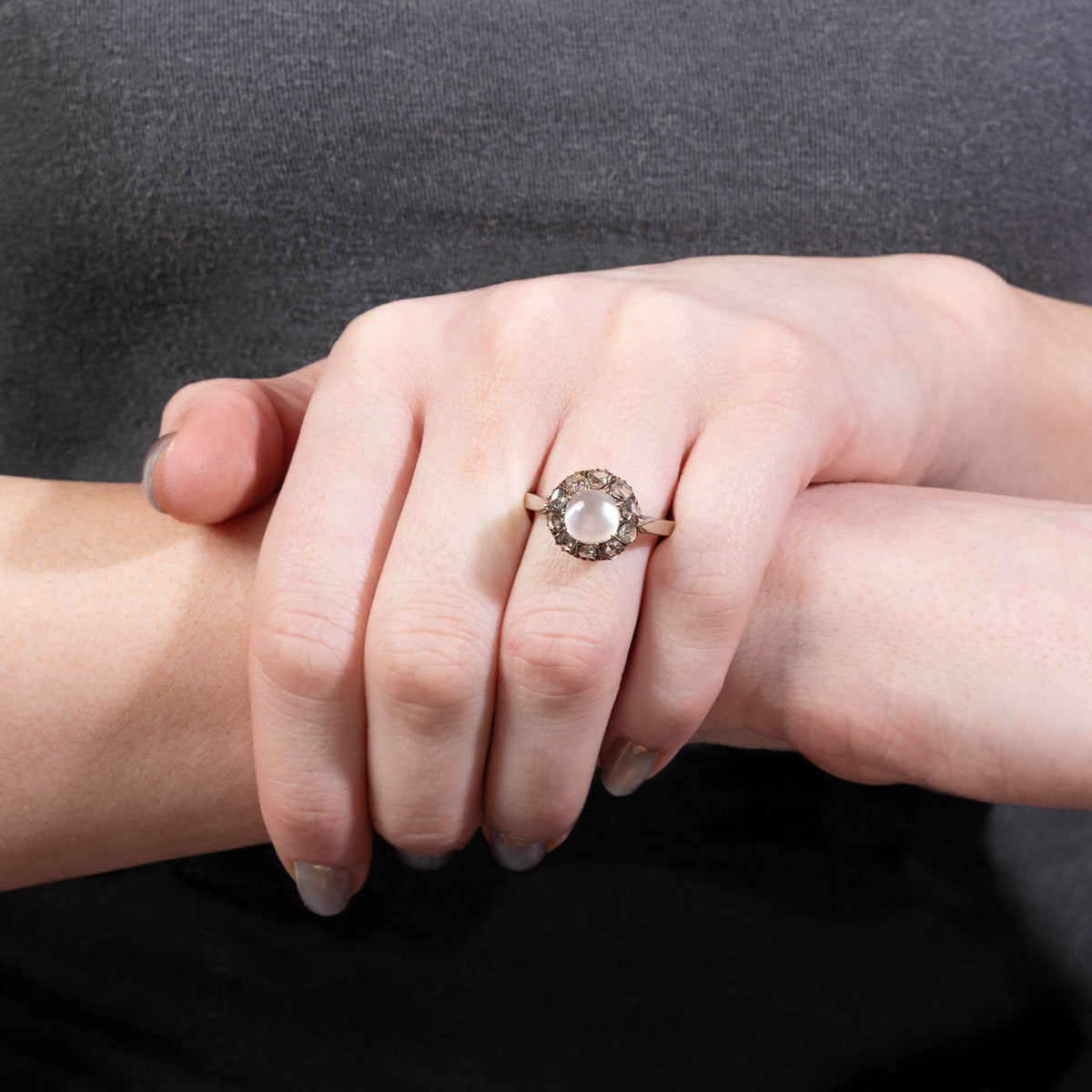 Victorian 14k/Sterling Silver Moonstone and Diamond Halo Ring